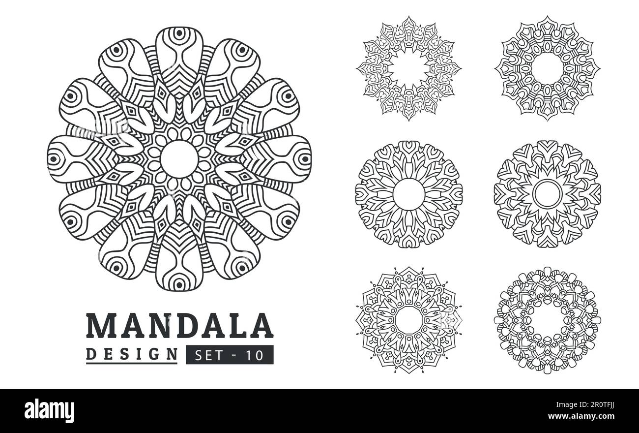 Ensemble de motifs de fleurs mandala noir et blanc Illustration de Vecteur