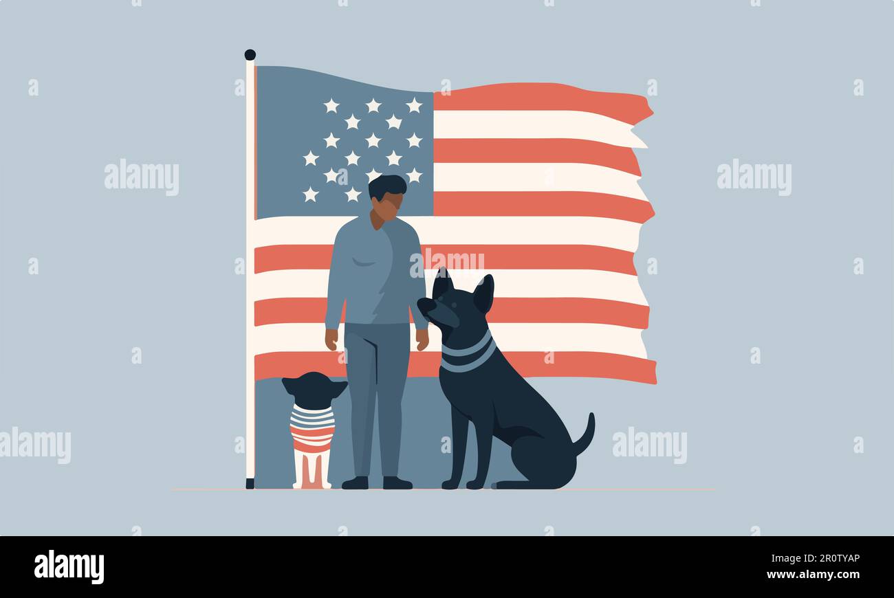 Un homme américain et un chien se tiennent devant le drapeau américain. Illustration de Vecteur