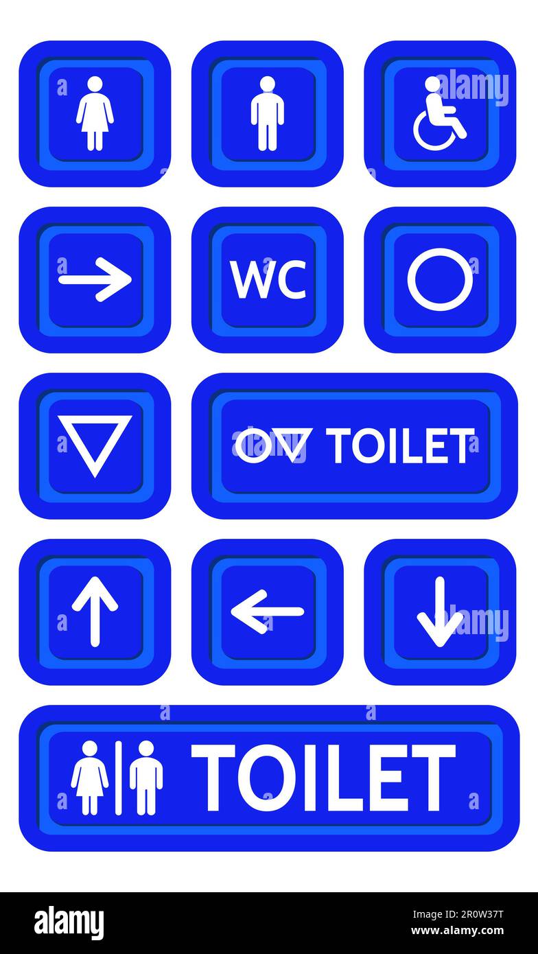 Les panneaux bleus fixés aux toilettes. Divers symboles avec les silhouettes des toilettes. Banque D'Images