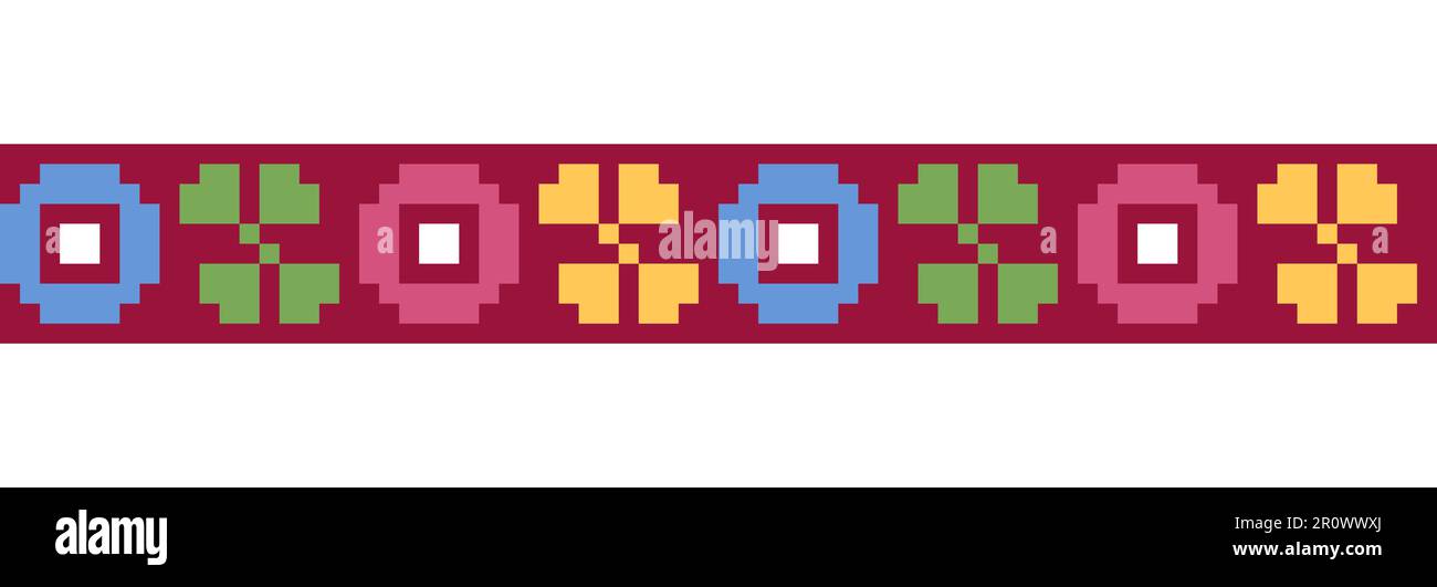 Motif de bordure géométrique vectoriel coloré, ornement pour textile ou tissu. Imprimé fleuri de couleur citron carpathienne. Pixel art, vyshyvanka, point de croix Illustration de Vecteur