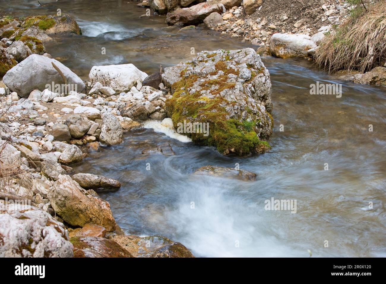 lunga esposísizione all'acqua di un torrente di montagna nelle dolomiti Banque D'Images