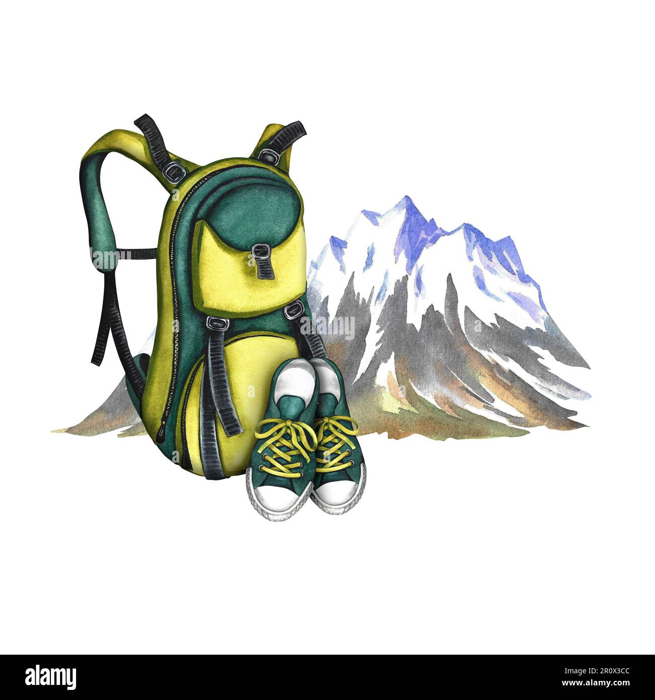 Sac à dos et baskets sur fond de montagnes enneigées. Tourisme et voyages. Illustration aquarelle dessinée à la main. Conçu pour les prospectus, bannières et Banque D'Images