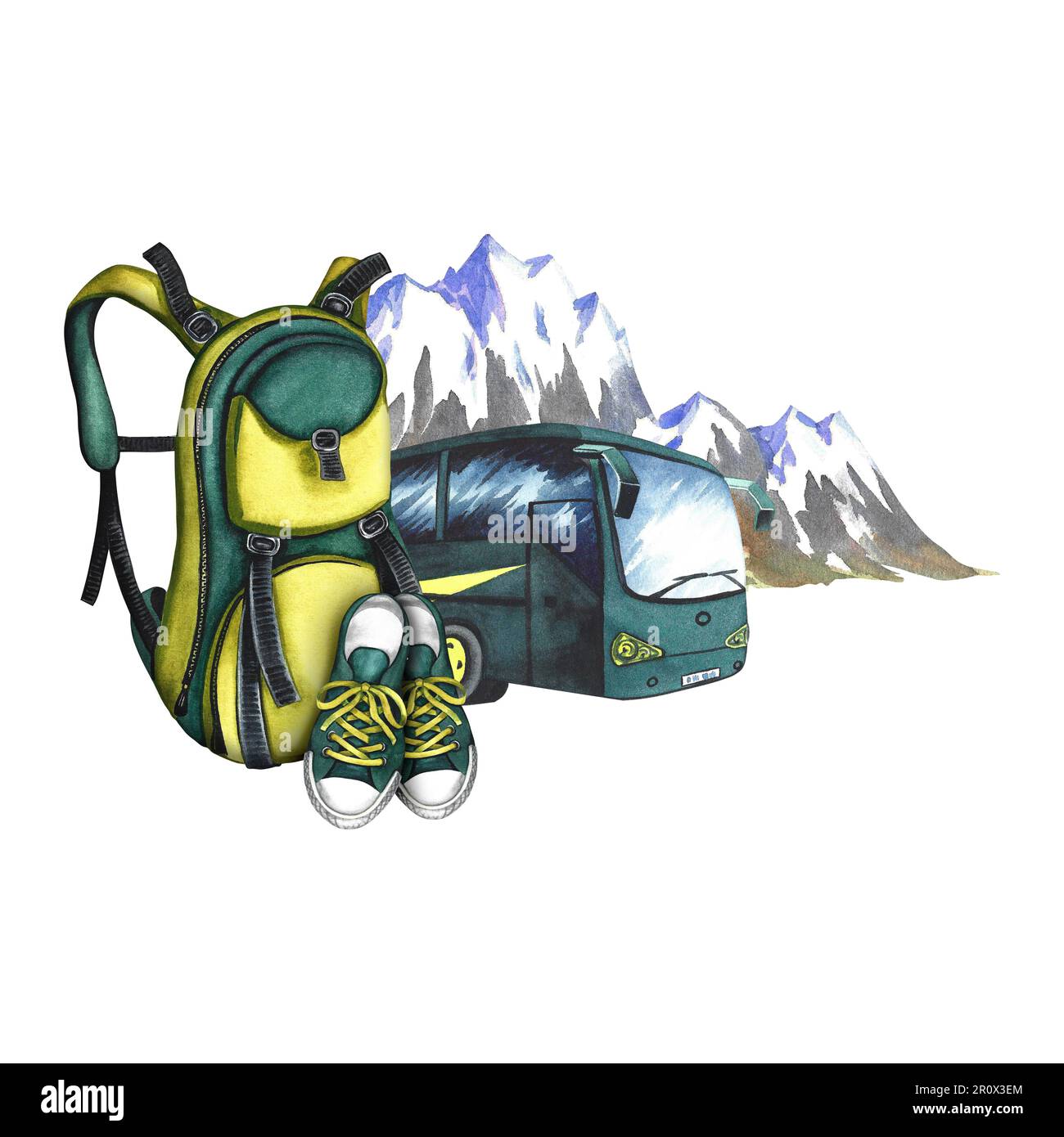 Sac à dos et baskets sur fond de bus touristique et de montagnes enneigées. Tourisme et voyages. Illustration aquarelle dessinée à la main. Conçu f Banque D'Images