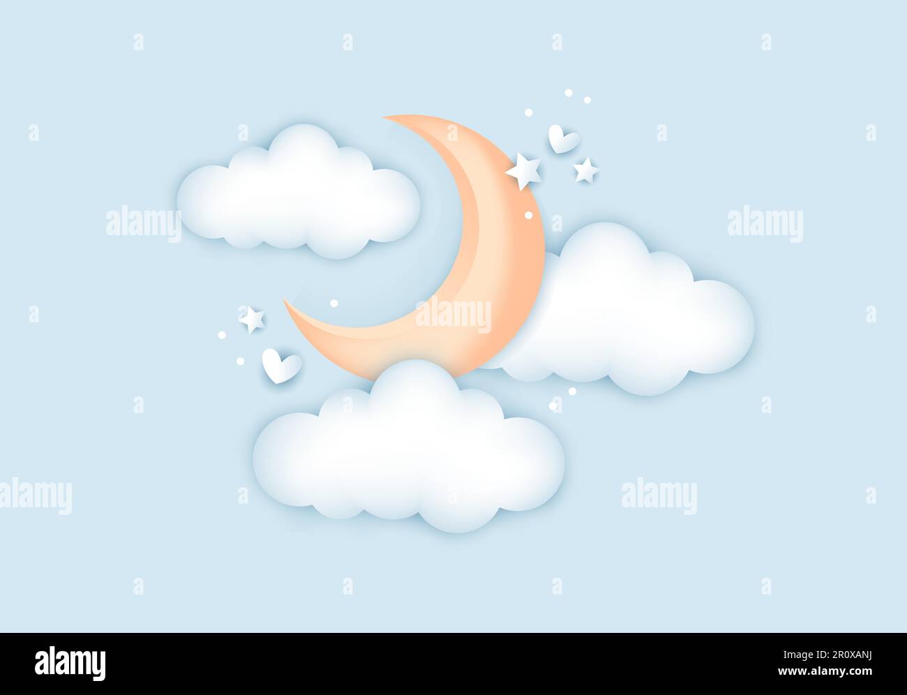 3d douche de bébé, lune avec nuages pour enfants design dans des couleurs pastel. Illustration vectorielle mignonne dans un style réaliste. Illustration de Vecteur