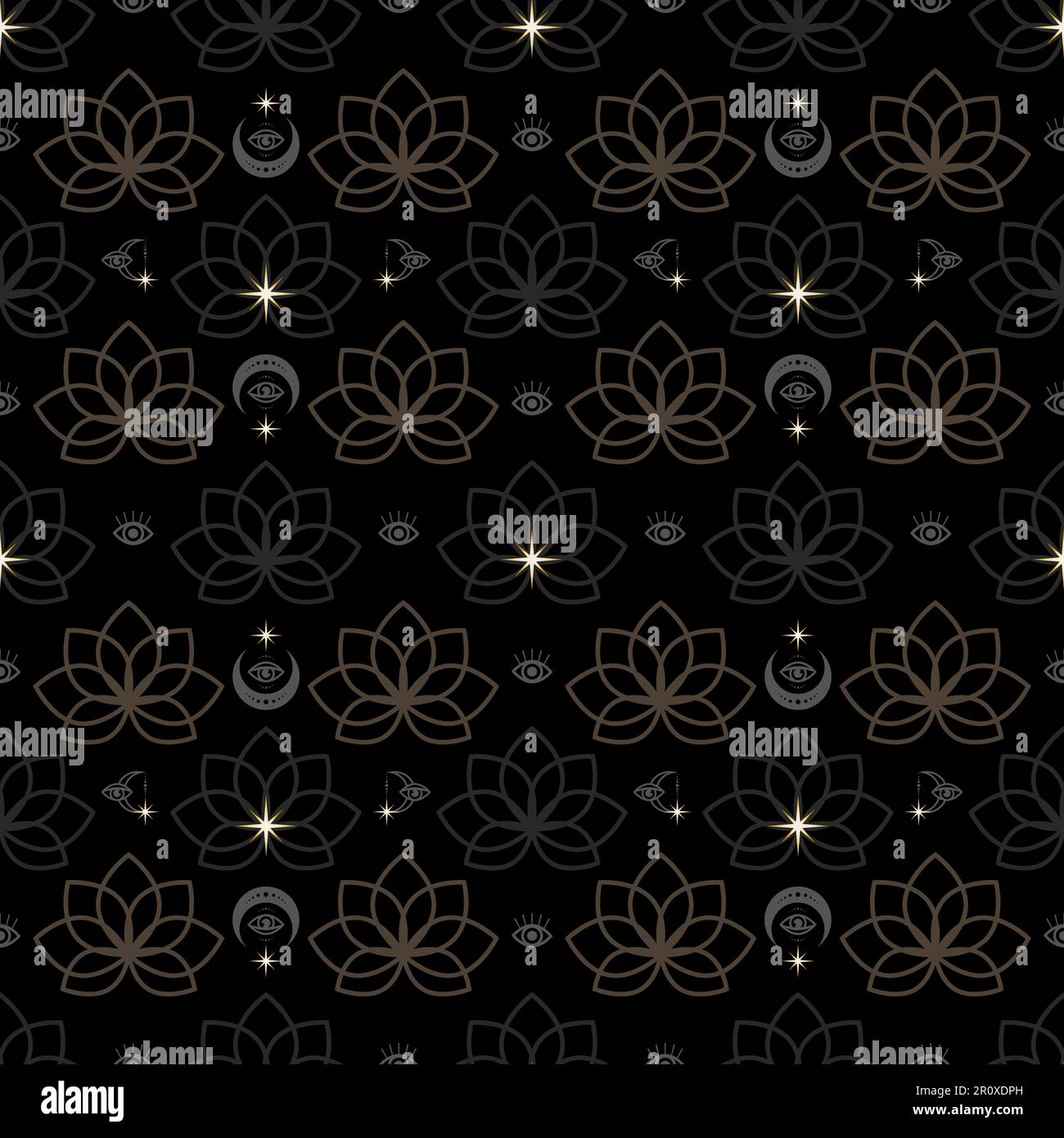 Fleur de Lotus et symboles ésotériques lune étoiles dorées motif sans couture sur fond noir. Impression vectorielle Illustration de Vecteur