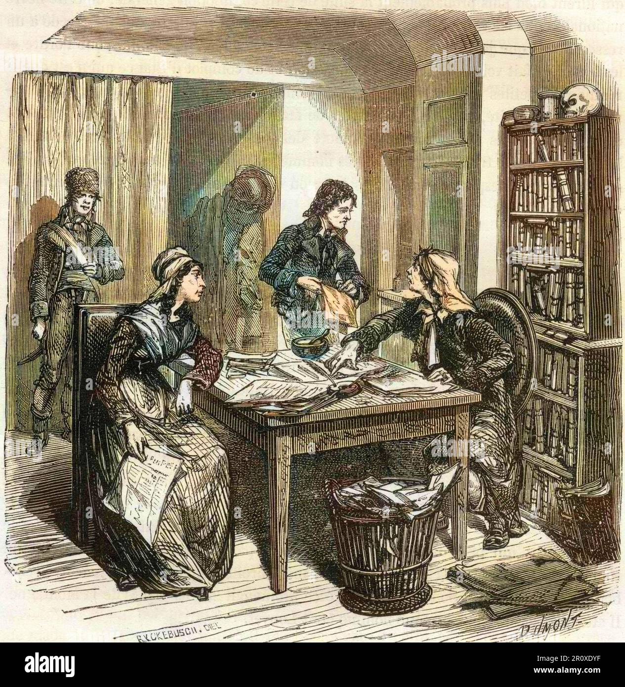 Jean Paul Marat journaliste et homme politique français, recevant un requérant dans son appartement, rue des Cordeliers, Paris, 1793, gravure en bois, 19th siècle dans l'Histoire des Girondins de Alphonse de Lamartine (1790-1869) 1865-1866. Banque D'Images