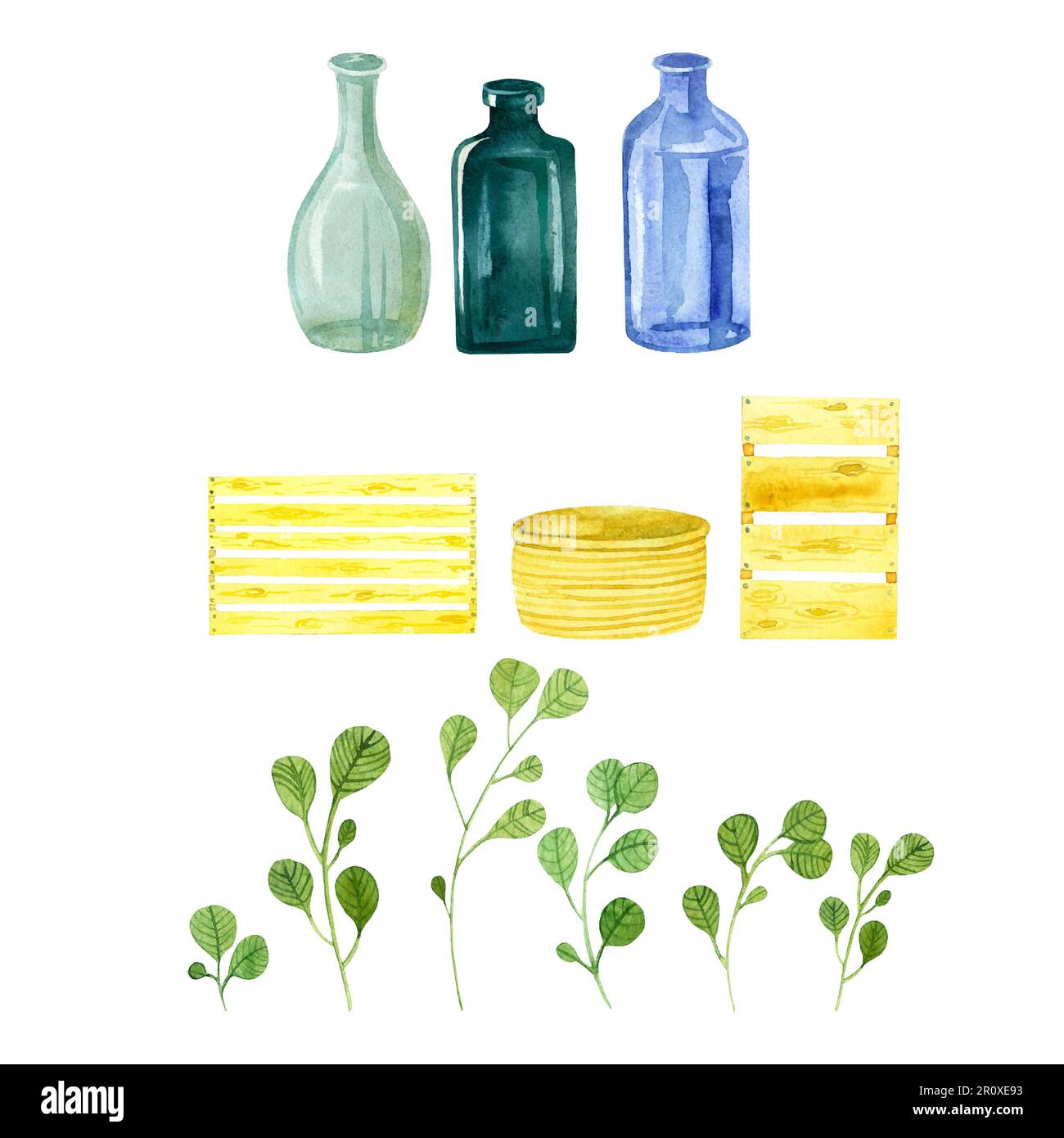 set isolé aquarelle dessiné à la main, brindilles, plantes, feuilles, herbe, vases et bouteilles en verre, boîtes et paniers en bois Banque D'Images