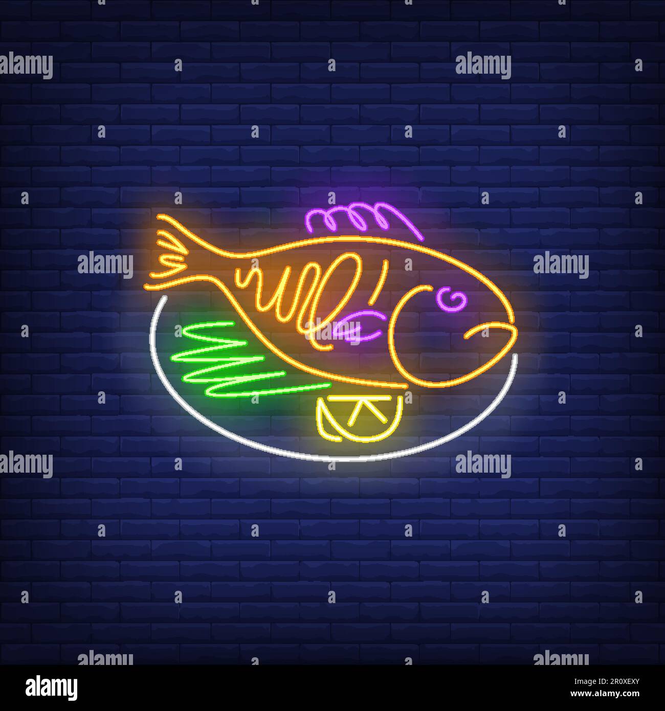 Panneau néon poisson cuit sur plat Illustration de Vecteur