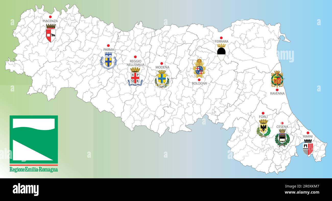 Région de l'Émilie-Romagne, Italie, carte de la région avec frontières, villes et armoiries des capitales provinciales, illustration vectorielle Illustration de Vecteur