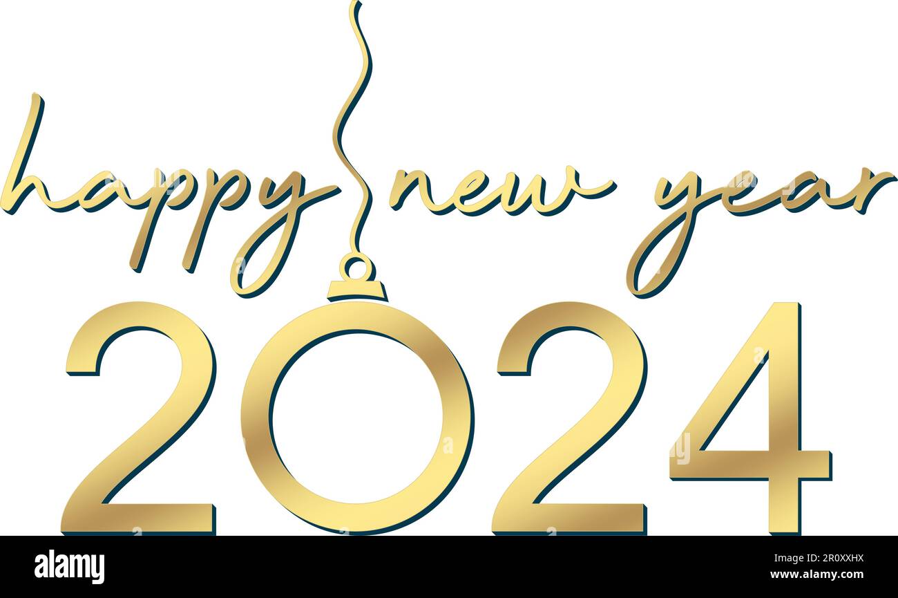 Bonne année 2024. Lettrage calligraphique doré à la main sur fond blanc. Vœux du nouvel an avec boule comme décoration vectorielle. Illustration de Vecteur