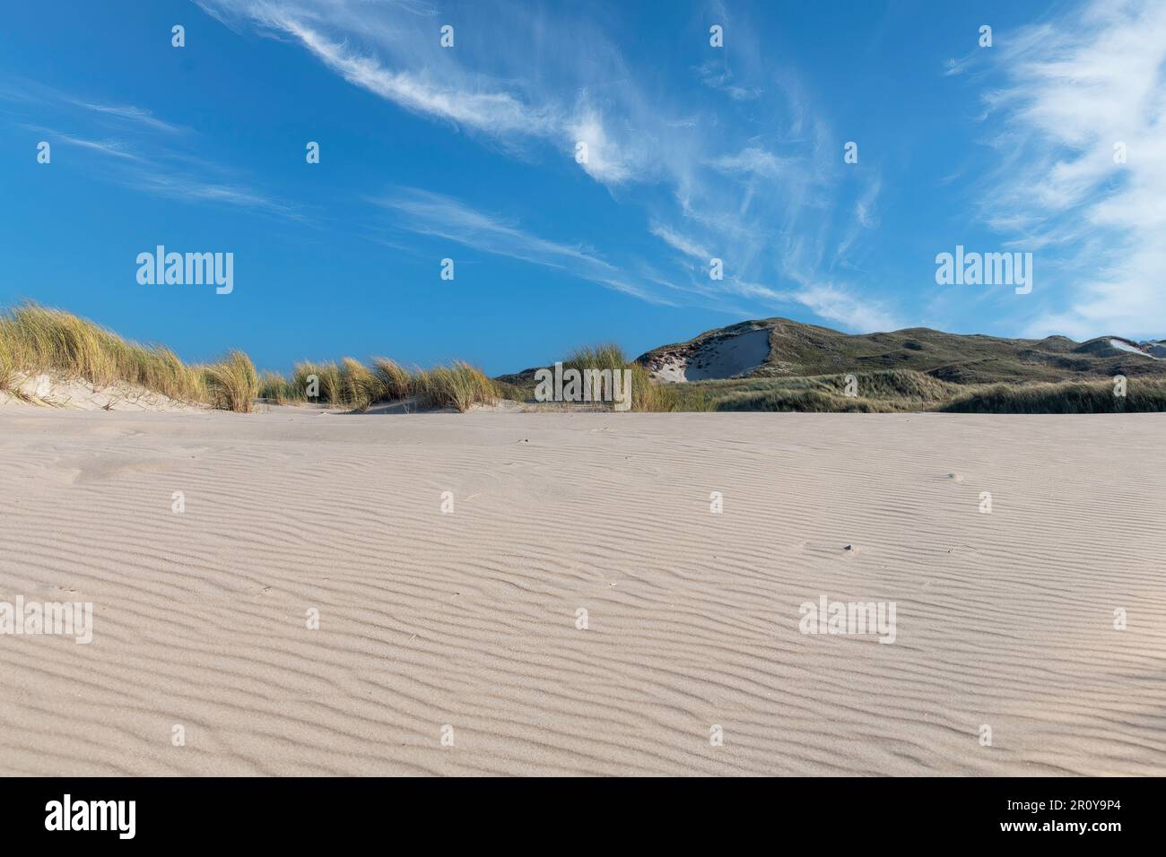 Vue à angle bas du sable ondulé dans les dunes de sable le long de la côte de l'île de Texel aux pays-Bas avec quelques nuages de plumes Banque D'Images