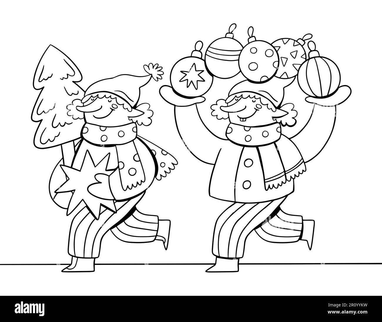 Illustration de Noël avec deux elfs. Illustration du contour des fêtes pour le livre de coloriage. Carte de Noël. Symbole de la nouvelle année. Banque D'Images