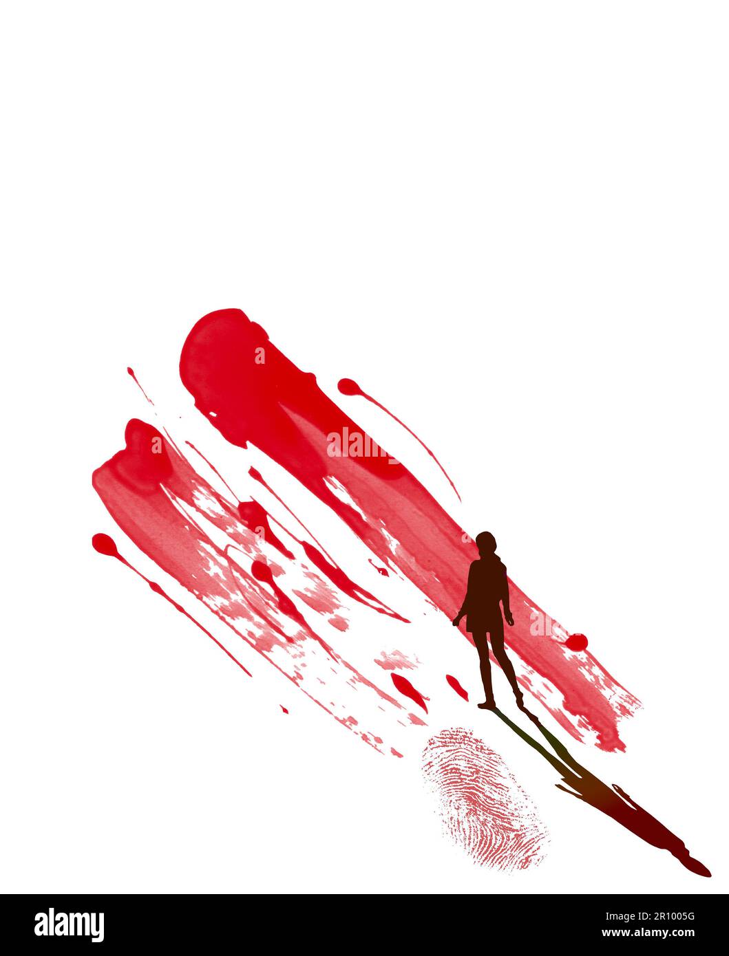 Une fille et une ombre silhouetées sont vues avec une empreinte sanglante et des éclaboussures de sang dans une illustration de 3-d sur les preuves de sang dans une scène de crime. Banque D'Images