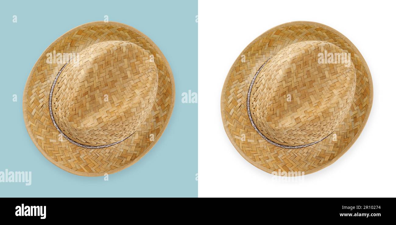 Jardinage en osier chapeau de paille, vue de dessus isolé sur fond blanc et bleu clair, concept de printemps pour le jardinage à la maison ou potager et soin des plantes Banque D'Images