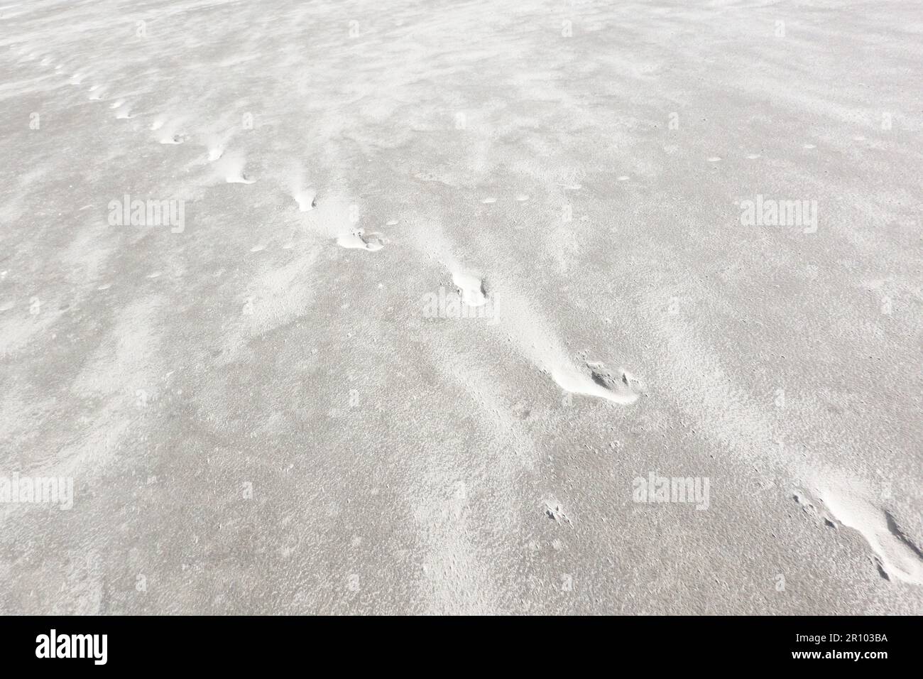 Empreintes de pieds dans le sable d'une plage, sable qui souffle sur la plage Banque D'Images