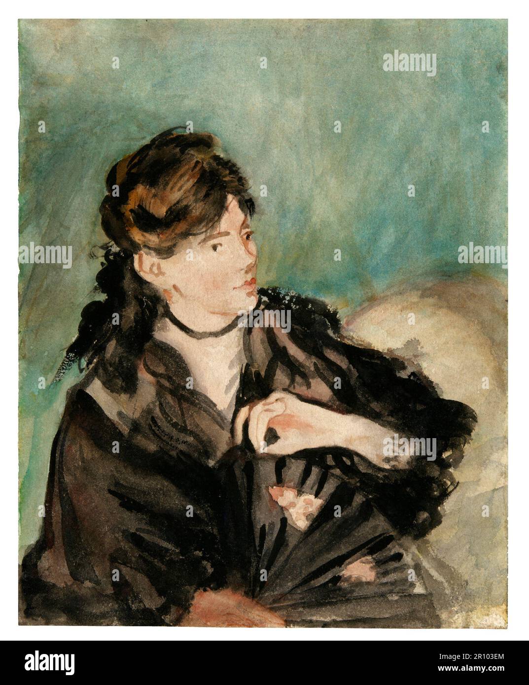 Portrait de Berthe Morisot avec un ventilateur d'Édouard Manet. 1874. Aquarelle sur des traces de graphite sur du papier vélin crème. Banque D'Images