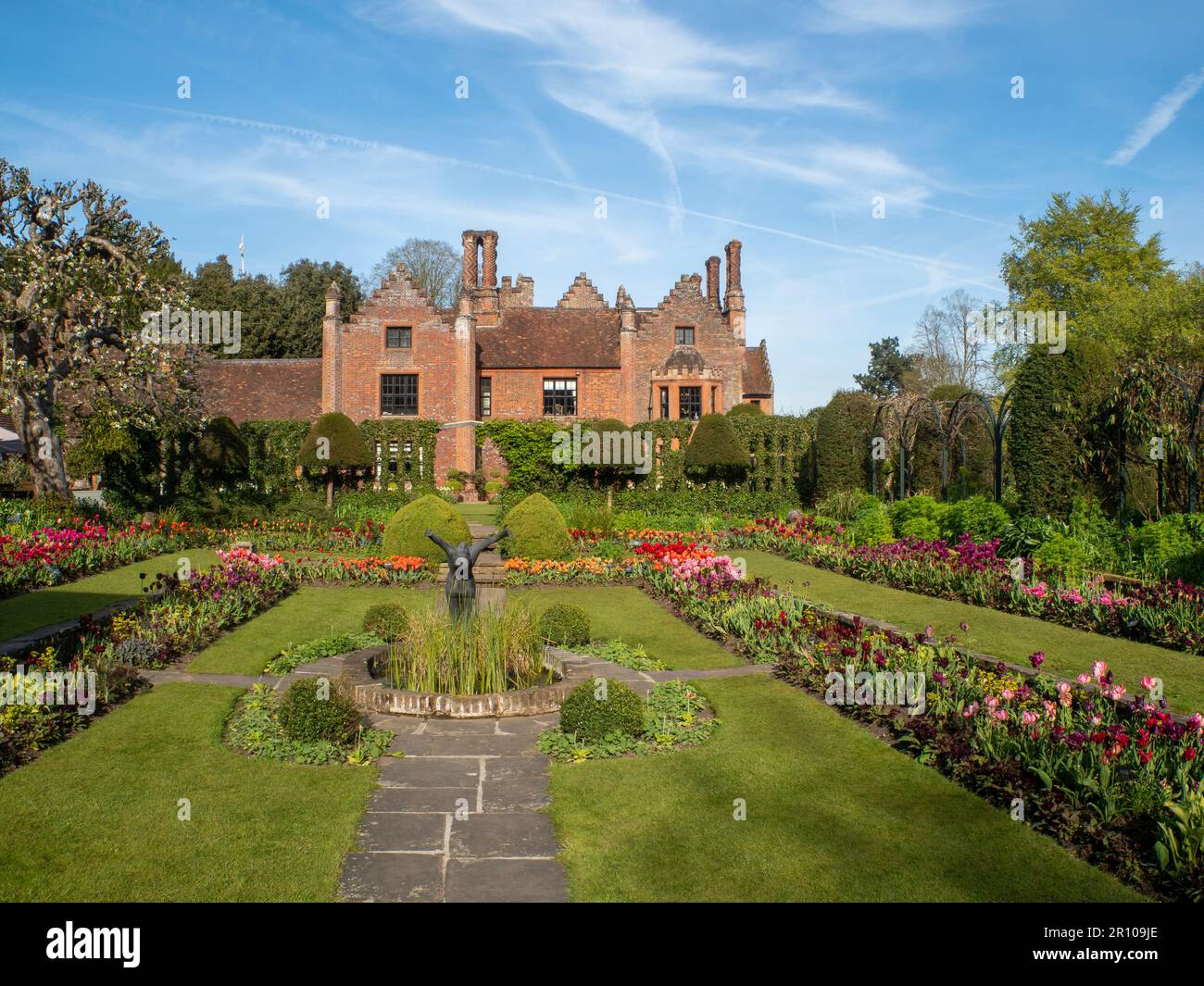 Chenies Manor Garden Tulips en mai. Des tulipes rouges, orange et roses vibrantes plantées en couches dans le jardin en contrebas en terrasse un après-midi agréable. Banque D'Images