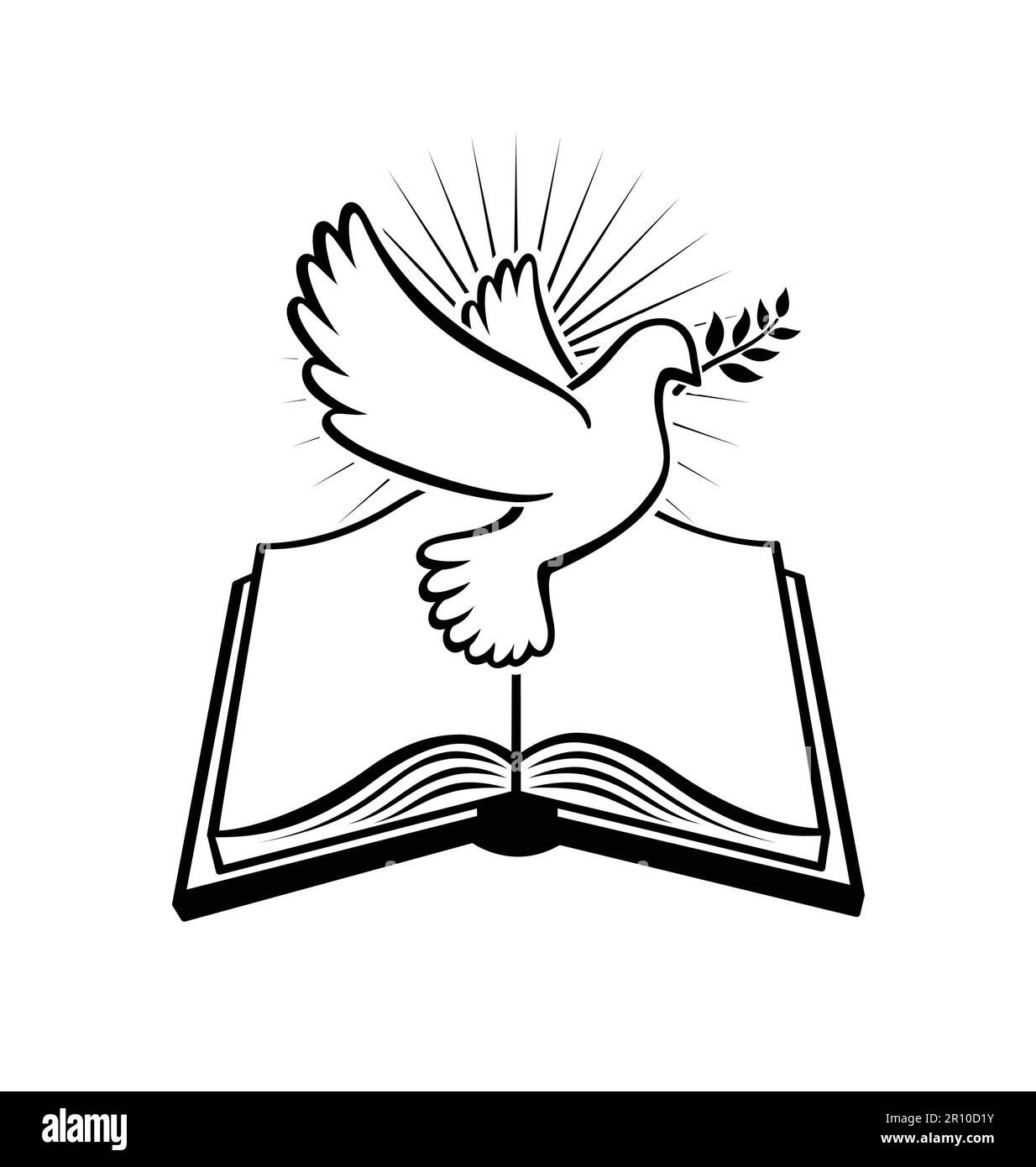 Belle Bible chrétienne ouverte sainte avec le vecteur noir et blanc de paix volant isolé sur fond blanc Illustration de Vecteur