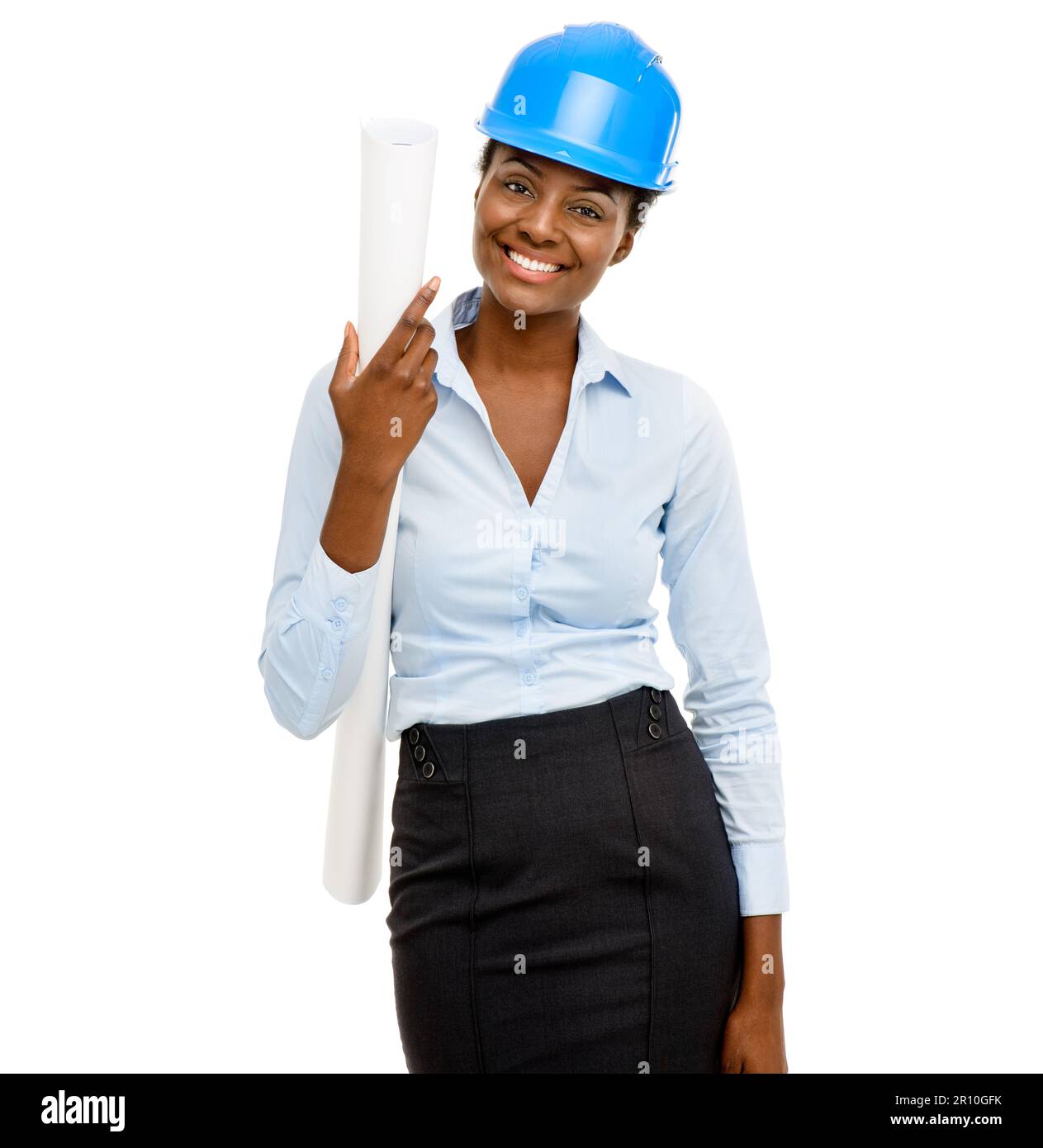 J'ai eu de grands projets pour votre bâtiment. Photo d'un jeune entrepreneur en bâtiment posant sur un fond blanc. Banque D'Images