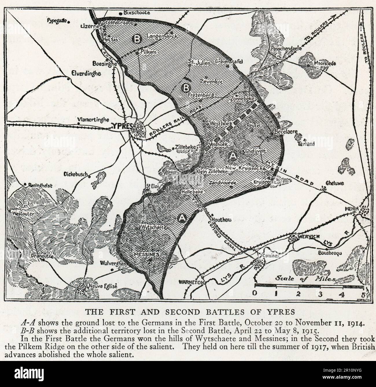 Carte de la première et de la deuxième bataille d'Ypres et du saillant d'Ypres pendant la première Guerre mondiale Banque D'Images