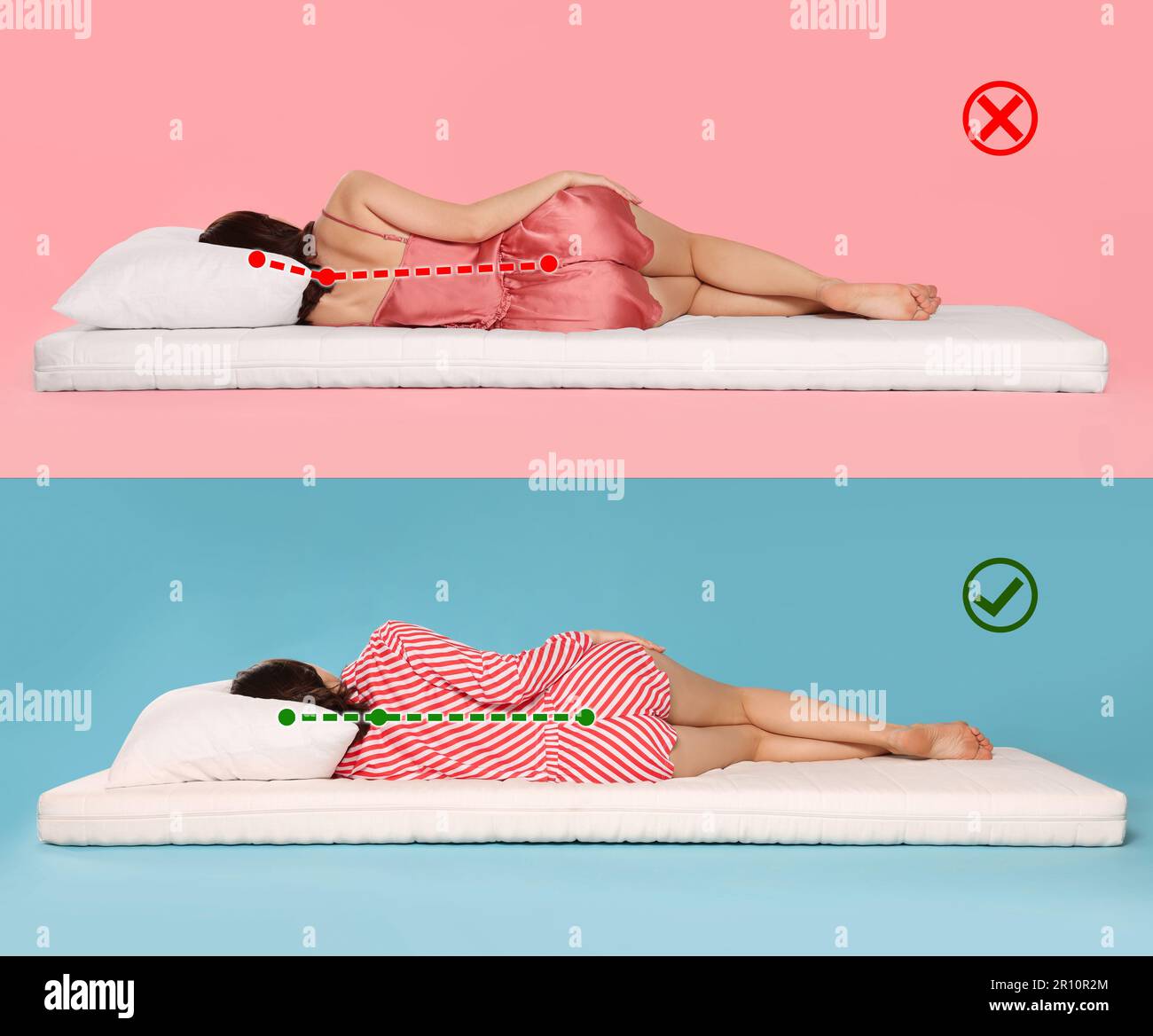 Collage avec photos de femmes couchée sur un matelas. Posture de sommeil  incorrecte et correcte. Choisissez le bon matelas Photo Stock - Alamy