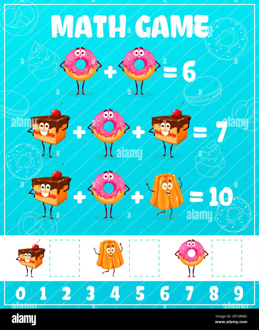 Desserts de dessin animé, beignets et gâteaux dans la feuille de calcul de  jeu de maths, jeu d'enfants de vecteur. Gâteau au chocolat personnage,  pudding et donut de pâtisserie dans l'éducation mathématique