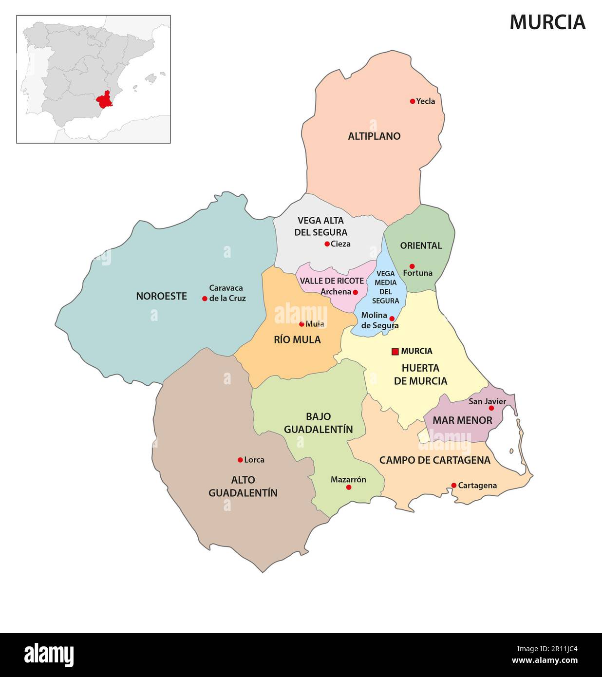 Carte administrative des régions de la communauté autonome espagnole de Murcie Banque D'Images