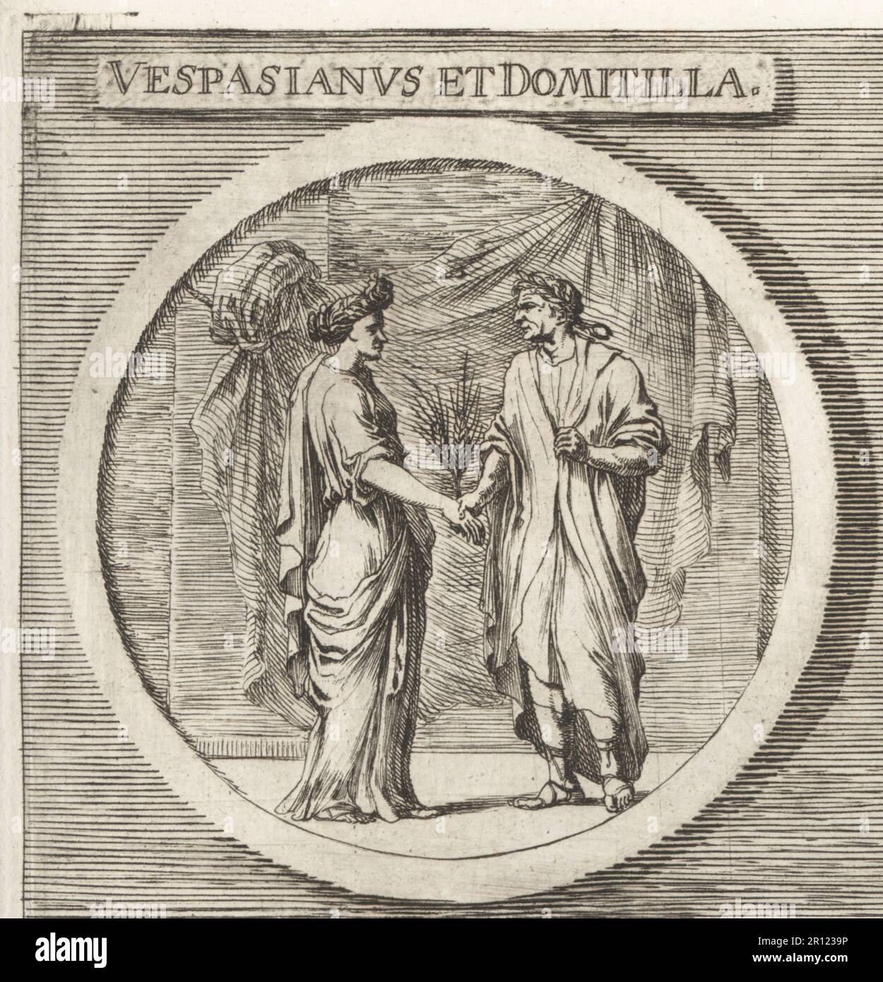 Empereur romain Vespasien (9-79 AD) tenant la main de sa femme Flavia Domitilla Major (mort avant 69 AD). Vespasianus et Domitilla. Gravure sur plaque après une illustration de Joachim von Sandrat de son Academia Todesca, della Architectura, Scucultura & Pittura, oder Teutsche Academie, der Edlen Bau- Bild- und Mahlerey-Kunste, Académie allemande d’architecture, de sculpture et de peinture, Jacob von Sandrart, Nuremberg, 1675. Banque D'Images