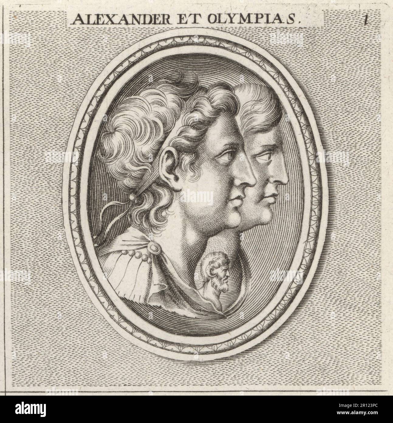 Alexandre le Grand et sa mère Olympias. Alexandre III de Macédonie, roi de l'ancien royaume grec de Macédonie, 356-323 av. J.-C. Olympias, princesse grecque des Molossiens, c. 375-316 av. J.-C. Alexander et Olympias. Gravure sur plaque après une illustration de Joachim von Sandrat de son Academia Todesca, della Architectura, Scucultura & Pittura, oder Teutsche Academie, der Edlen Bau- Bild- und Mahlerey-Kunste, Académie allemande d’architecture, de sculpture et de peinture, Jacob von Sandrart, Nuremberg, 1675. Banque D'Images