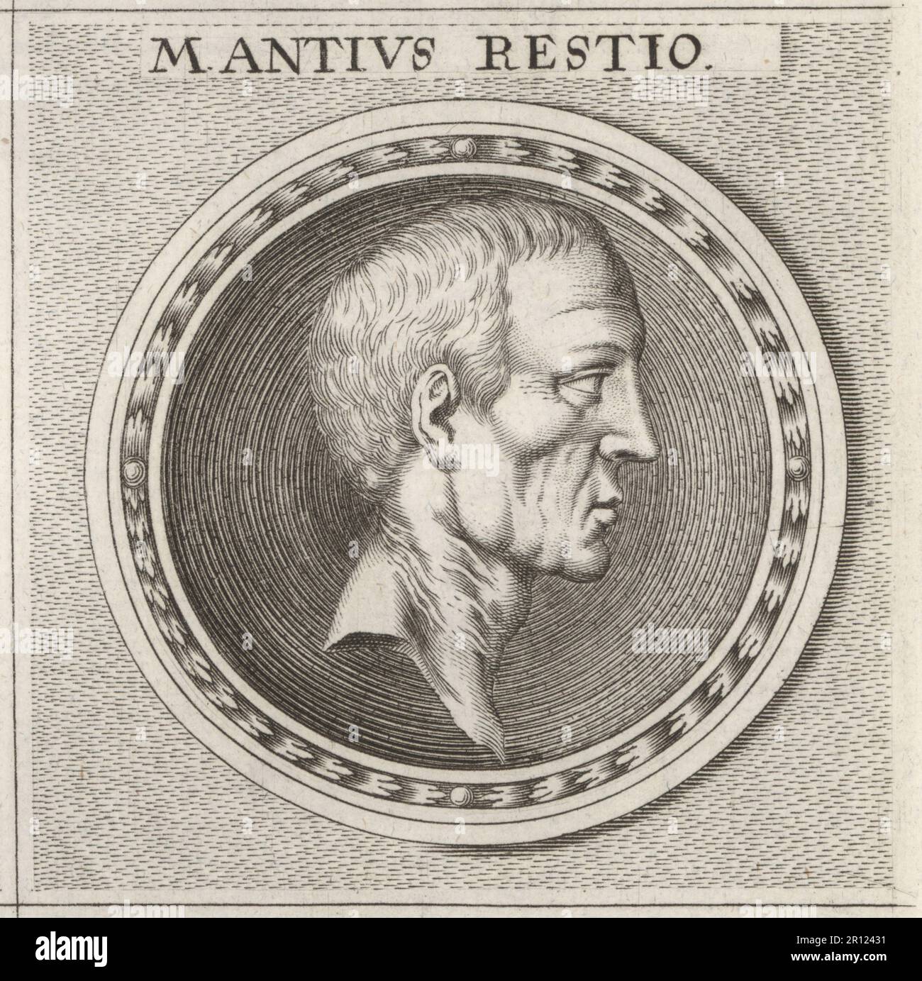 Gaius Antius Restio, fl. 68–53 av. J.-C., homme politique de la République romaine, principalement connu pour la lex Antia sumptuaria, une loi contre le luxe qu'il a adoptée comme tribune des plaidoiries en 68 av. J.-C. M. Antius Restio. Gravure sur plaque après une illustration de Joachim von Sandrat de son Academia Todesca, della Architectura, Scucultura & Pittura, oder Teutsche Academie, der Edlen Bau- Bild- und Mahlerey-Kunste, Académie allemande d’architecture, de sculpture et de peinture, Jacob von Sandrart, Nuremberg, 1675. Banque D'Images