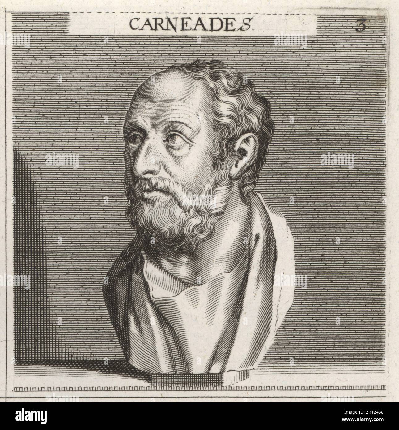 Carneades, philosophe grec et chef de l'Académie sceptique de la Grèce antique, c.214-128 av. J.-C. Carneades. Gravure sur plaque après une illustration de Joachim von Sandrat de son Academia Todesca, della Architectura, Scucultura & Pittura, oder Teutsche Academie, der Edlen Bau- Bild- und Mahlerey-Kunste, Académie allemande d’architecture, de sculpture et de peinture, Jacob von Sandrart, Nuremberg, 1675. Banque D'Images