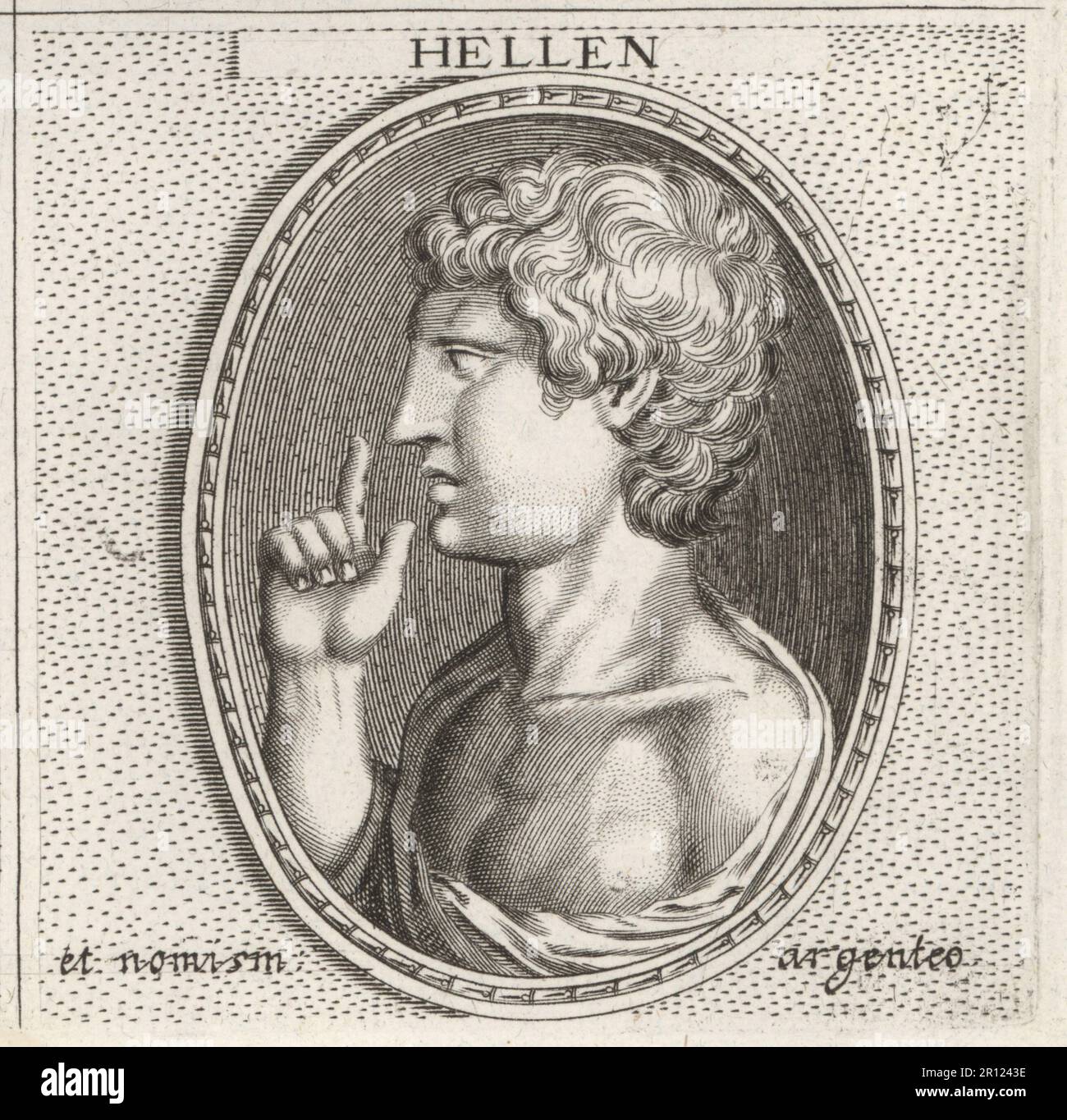 Hellen, progéniteur des hellènes dans le mythe grec. Fils de Deucalion (ou Zeus) et de Pyrrha, et père de trois fils, Dorus, Xuthus et Aeolus. Gravure sur plaque après une illustration de Joachim von Sandrat de son Academia Todesca, della Architectura, Scucultura & Pittura, oder Teutsche Academie, der Edlen Bau- Bild- und Mahlerey-Kunste, Académie allemande d’architecture, de sculpture et de peinture, Jacob von Sandrart, Nuremberg, 1675. Banque D'Images