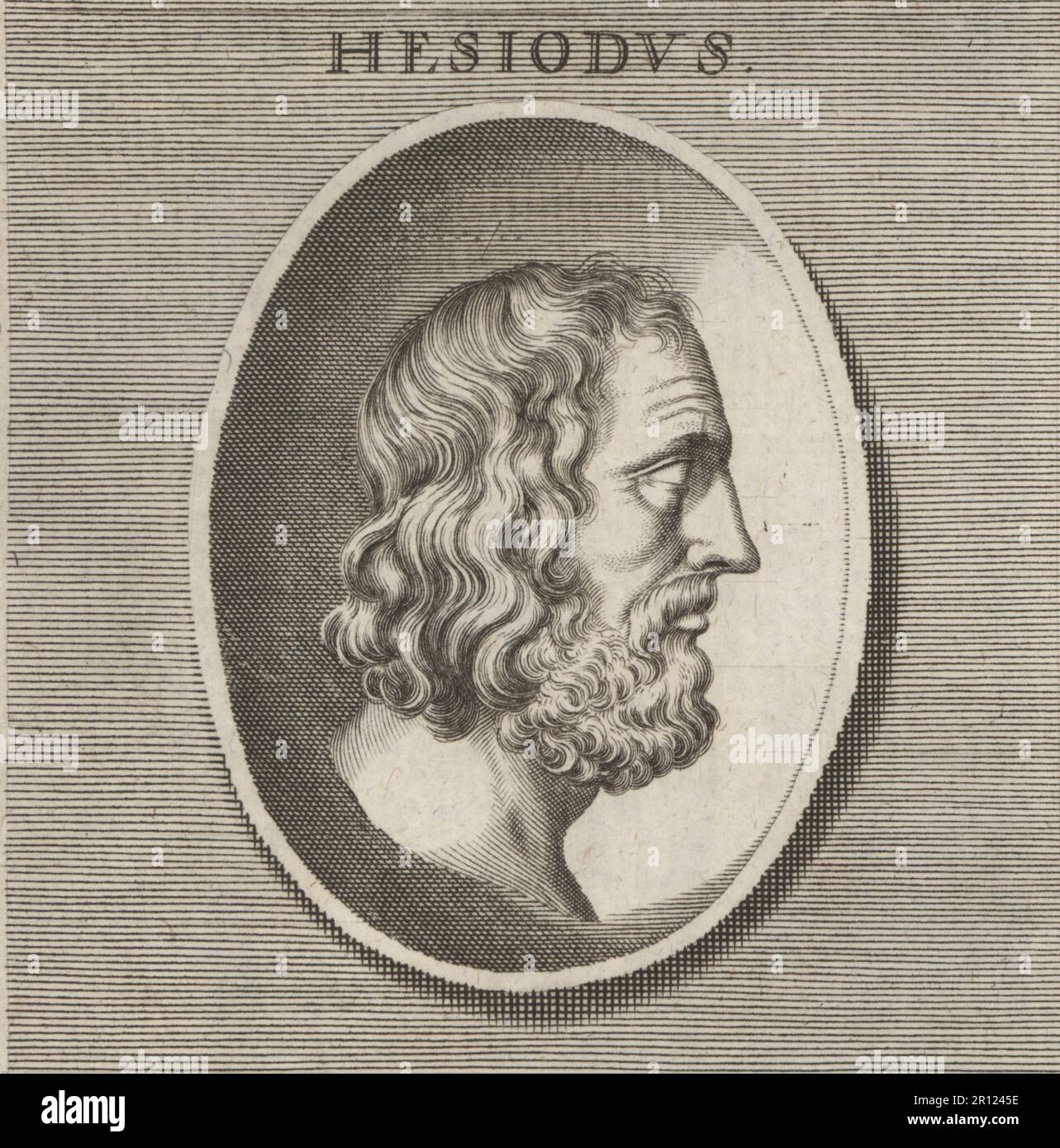 Hesiod, poète grec ancien généralement pensé avoir été actif entre 750 et 650 av. J.-C., à peu près en même temps que Homer. Hesiodus. Gravure sur plaque après une illustration de Joachim von Sandrat de son Academia Todesca, della Architectura, Scucultura & Pittura, oder Teutsche Academie, der Edlen Bau- Bild- und Mahlerey-Kunste, Académie allemande d’architecture, de sculpture et de peinture, Jacob von Sandrart, Nuremberg, 1675. Banque D'Images