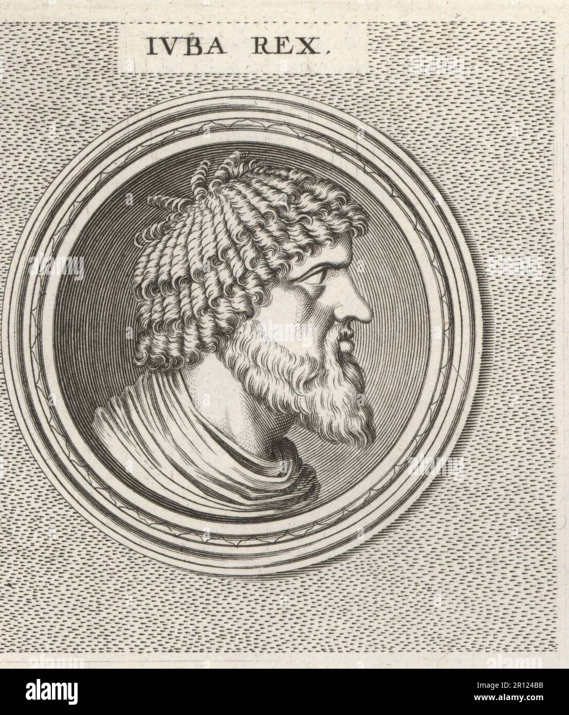 Juba I de Numidia, c. 85-46 av. J.-C., Roi de Numidia (Algérie moderne). Fils et successeur de Hiempsal II Iuba Rex. Gravure sur plaque après une illustration de Joachim von Sandrat de son Academia Todesca, della Architectura, Scucultura & Pittura, oder Teutsche Academie, der Edlen Bau- Bild- und Mahlerey-Kunste, Académie allemande d’architecture, de sculpture et de peinture, Jacob von Sandrart, Nuremberg, 1675. Banque D'Images