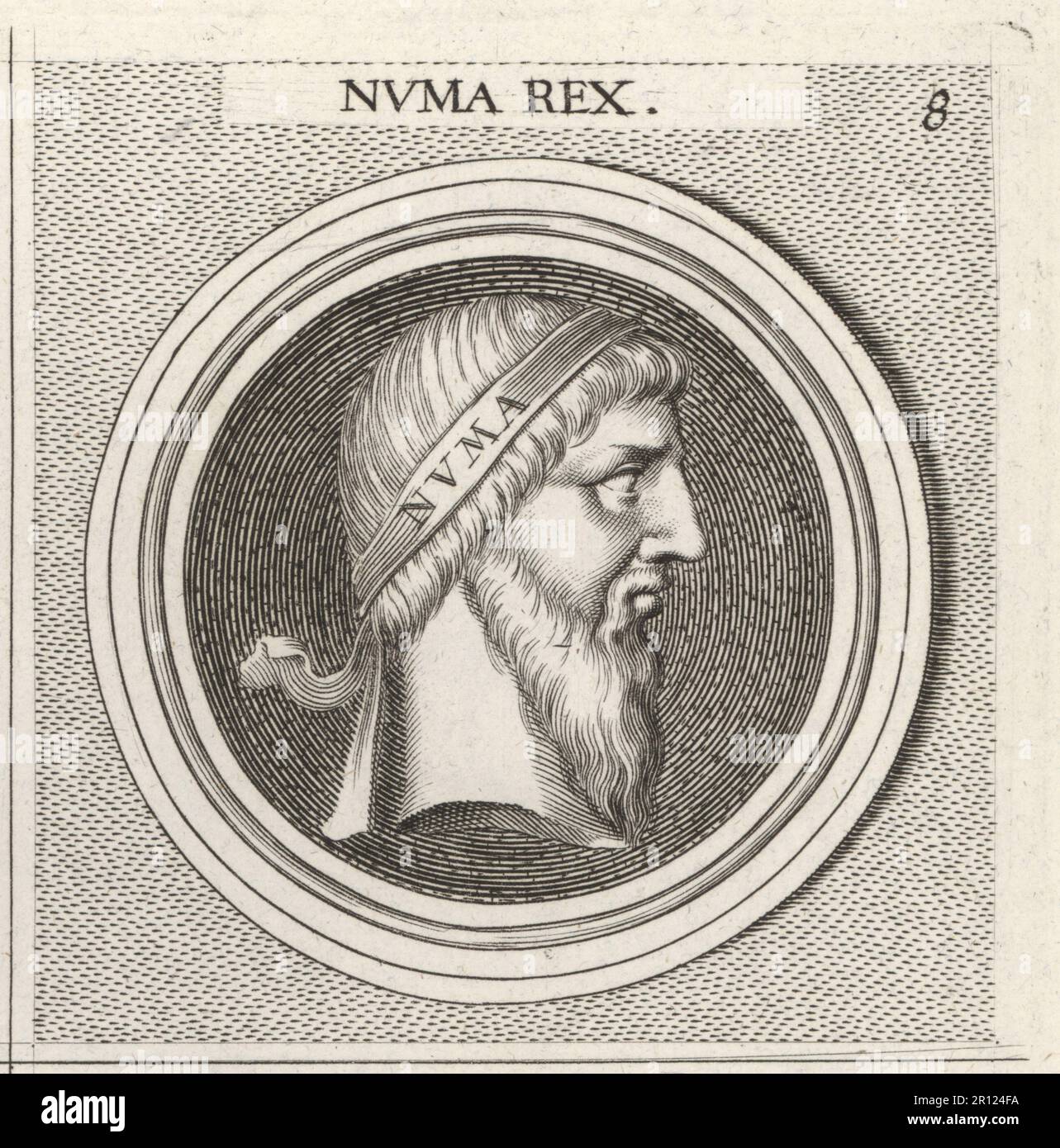 NUMA Pompilius, légendaire deuxième roi de Rome, vers 753–672 av. J.-C. Crédité de l'invention du calendrier romain, Vestal Virgins, des cultes de Mars, Jupiter et Romulus, et du bureau de pontifex maximus. NUMA Rex. Gravure sur plaque après une illustration de Joachim von Sandrat de son Academia Todesca, della Architectura, Scucultura & Pittura, oder Teutsche Academie, der Edlen Bau- Bild- und Mahlerey-Kunste, Académie allemande d’architecture, de sculpture et de peinture, Jacob von Sandrart, Nuremberg, 1675. Banque D'Images