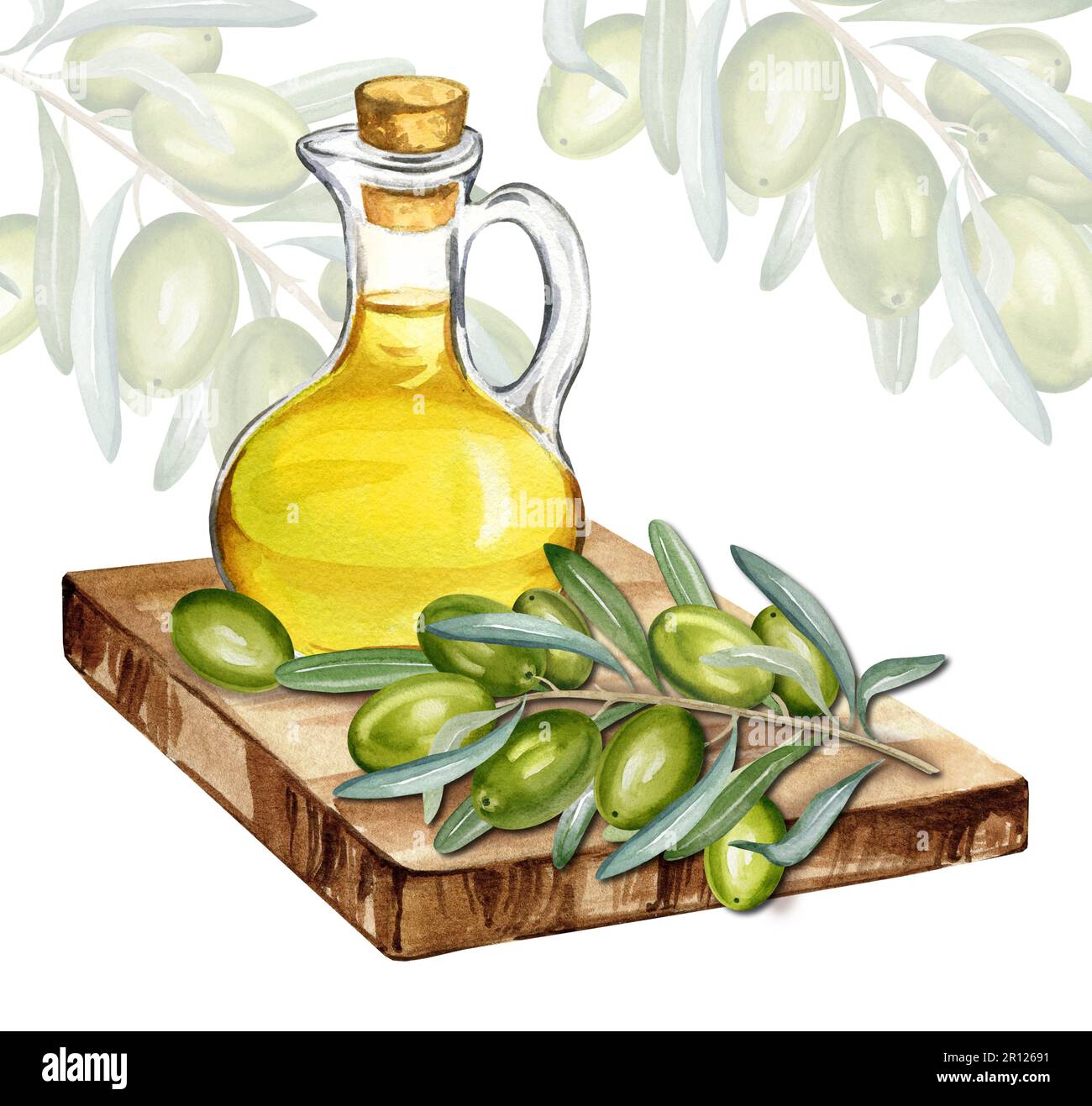 huile d'olive aquarelle en bouteille de verre avec branche d'olives vertes  avec feuilles et fruits sur planche à découper, illustration dessinée à la  main isolée sur la bande blanche Photo Stock -