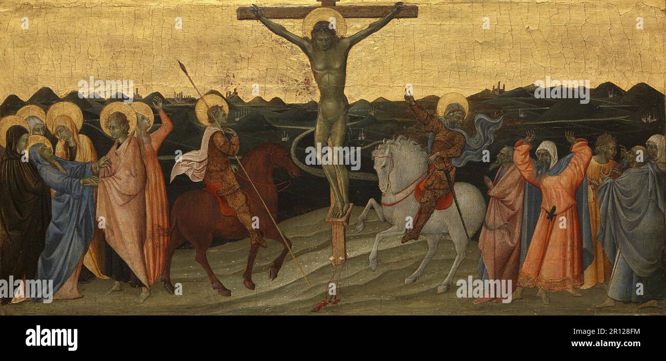 La Crucifixion, exécution, de Jésus de Nazareth, Christ, Vendredi Saint, Golgotha, cette oeuvre, Notable pour l'isolement dramatique du Christ crucifié entre ses disciples (à droite) et ses persécuteurs (à gauche) - a probablement été le milieu d'une série de panneaux predella représentant la passion du Christ placé sous un grand retable, c. 1450, historique, restauré numériquement reproduction d'un original de 19th-siècle. Banque D'Images