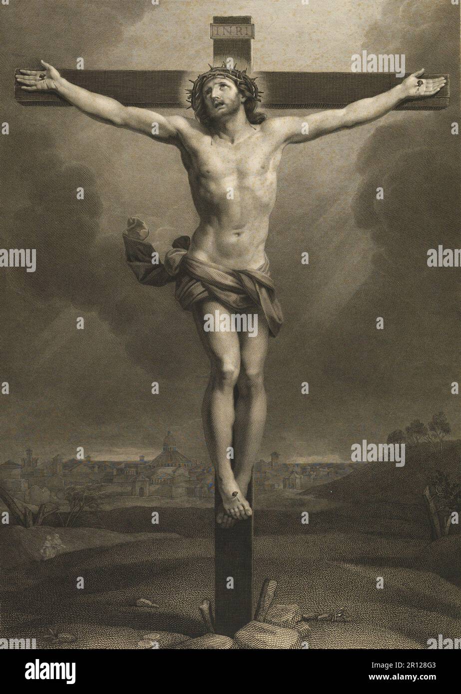 La crucifixion, exécution, de Jésus de Nazareth, Christ, Vendredi Saint, Golgotha, Christ sur la croix, en arrière-plan une ville, après Guido Reni, 1870, Historique, a restauré numériquement la reproduction d'un original de 19th siècle. Banque D'Images