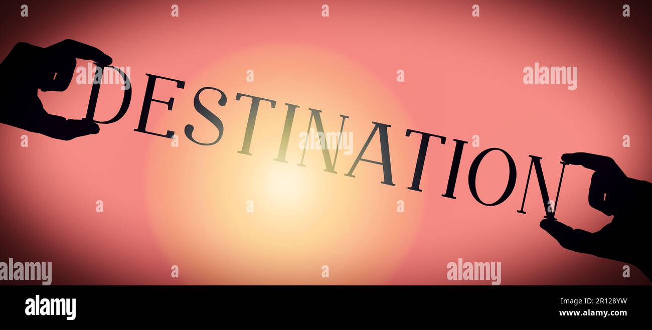 Destination - mains humaines tenant un mot de silhouette noir, fond dégradé Banque D'Images