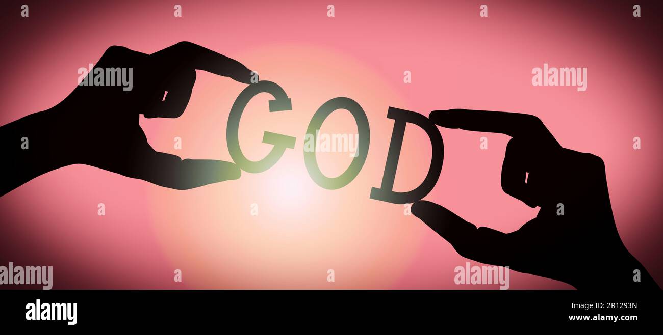 Dieu - mains humaines tenant le mot de silhouette noir, fond dégradé Banque D'Images