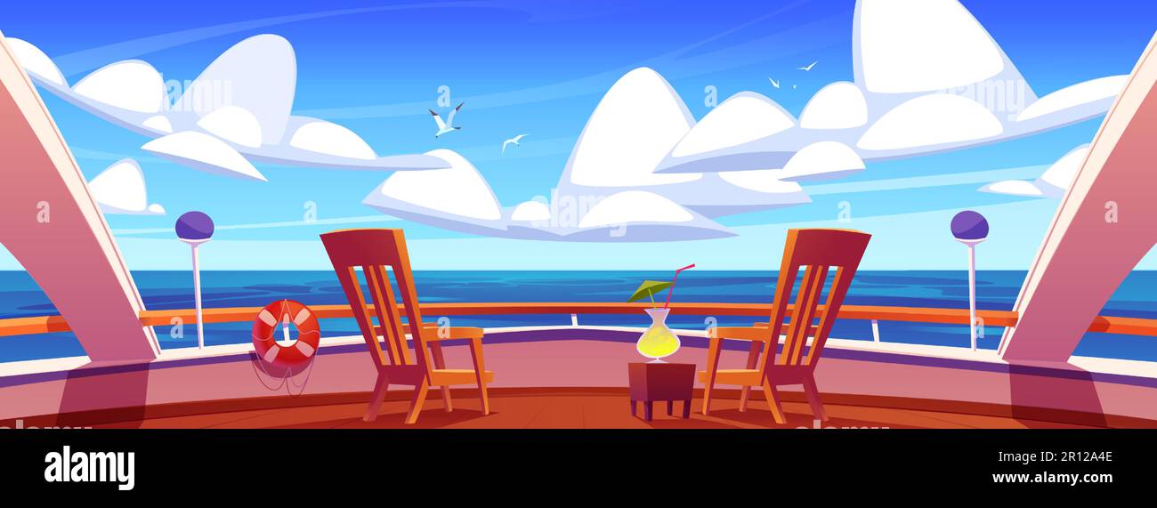 Terrasse de yacht avec vue magnifique sur la mer. Illustration vectorielle d'un bateau de croisière de luxe avec chaises en bois pour se détendre, verre cocktail sur table, bouée de sauvetage sur rampe, oiseaux volant dans le ciel. Voyage d'été Illustration de Vecteur