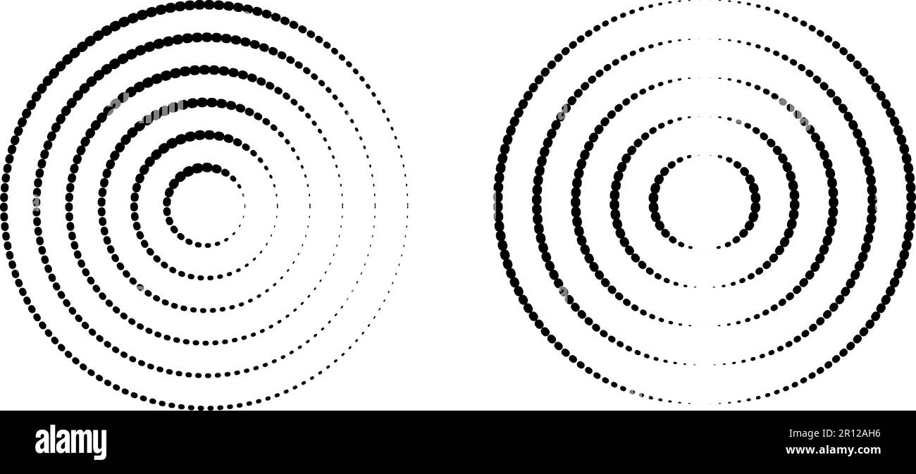 Icônes d'ondulation circulaire. Cercles concentriques avec des lignes brisées de pois. Vortex, onde de sonar, onde sonore, onde solaire, signaux radio isolés sur blanc Illustration de Vecteur