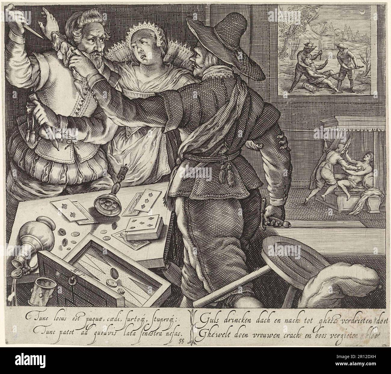 Joueurs de cartes luttant avec armes dessinées, 1600, Hollande, historique, numériquement restauré reproduction de 19th siècle original Banque D'Images