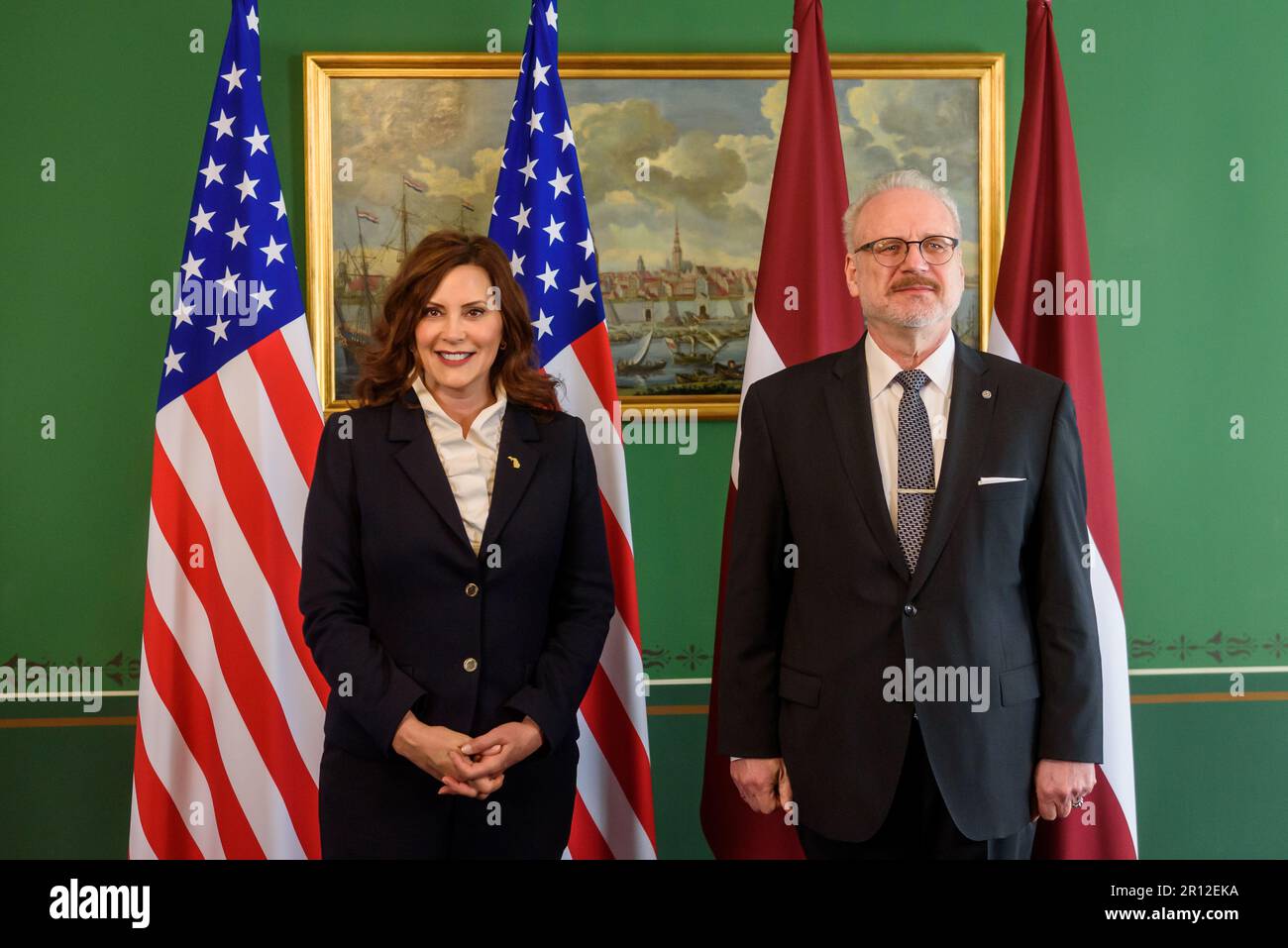 RIGA, Lettonie. 11th mai 2023. Egils Levits, président de la Lettonie, rencontre Gretchen Whitmer, gouverneur du Michigan. Credit: Gints Ivuskans/Alamy Live News Banque D'Images