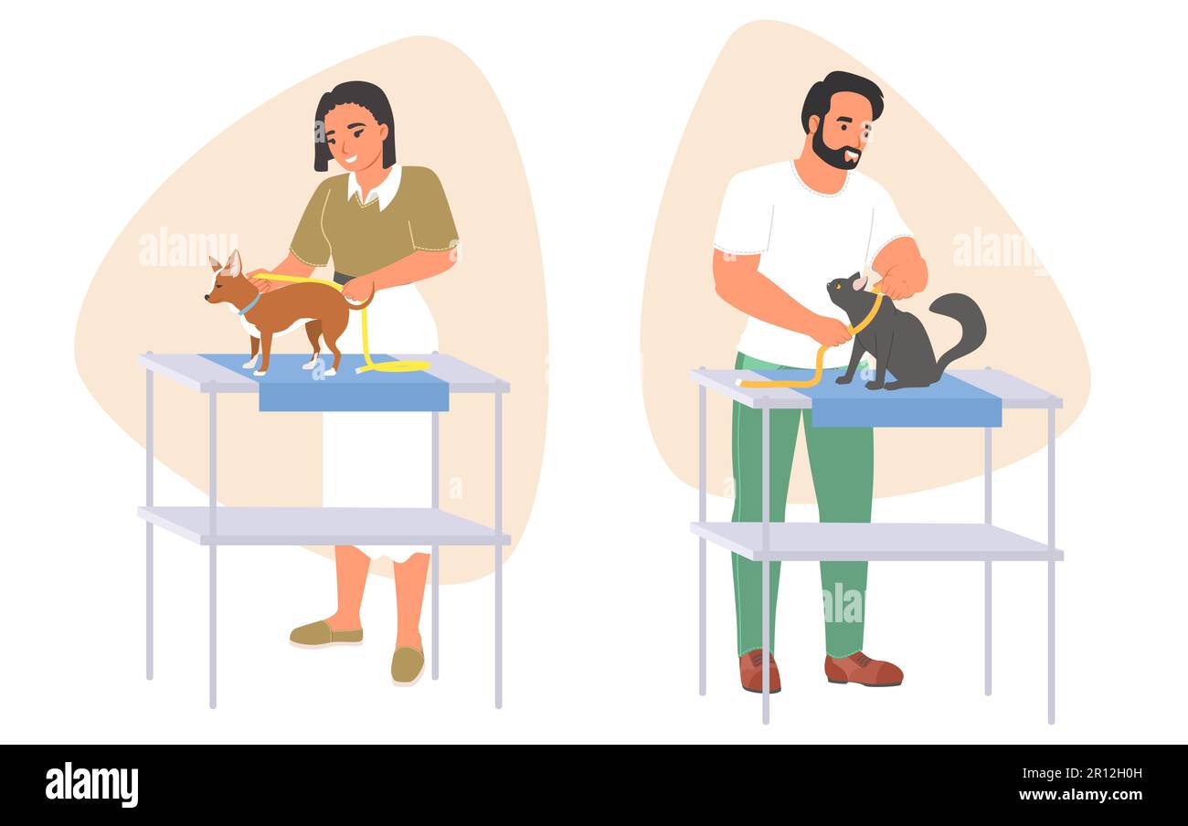 Homme et femme couturière prenant la mesure des animaux de compagnie Illustration de Vecteur