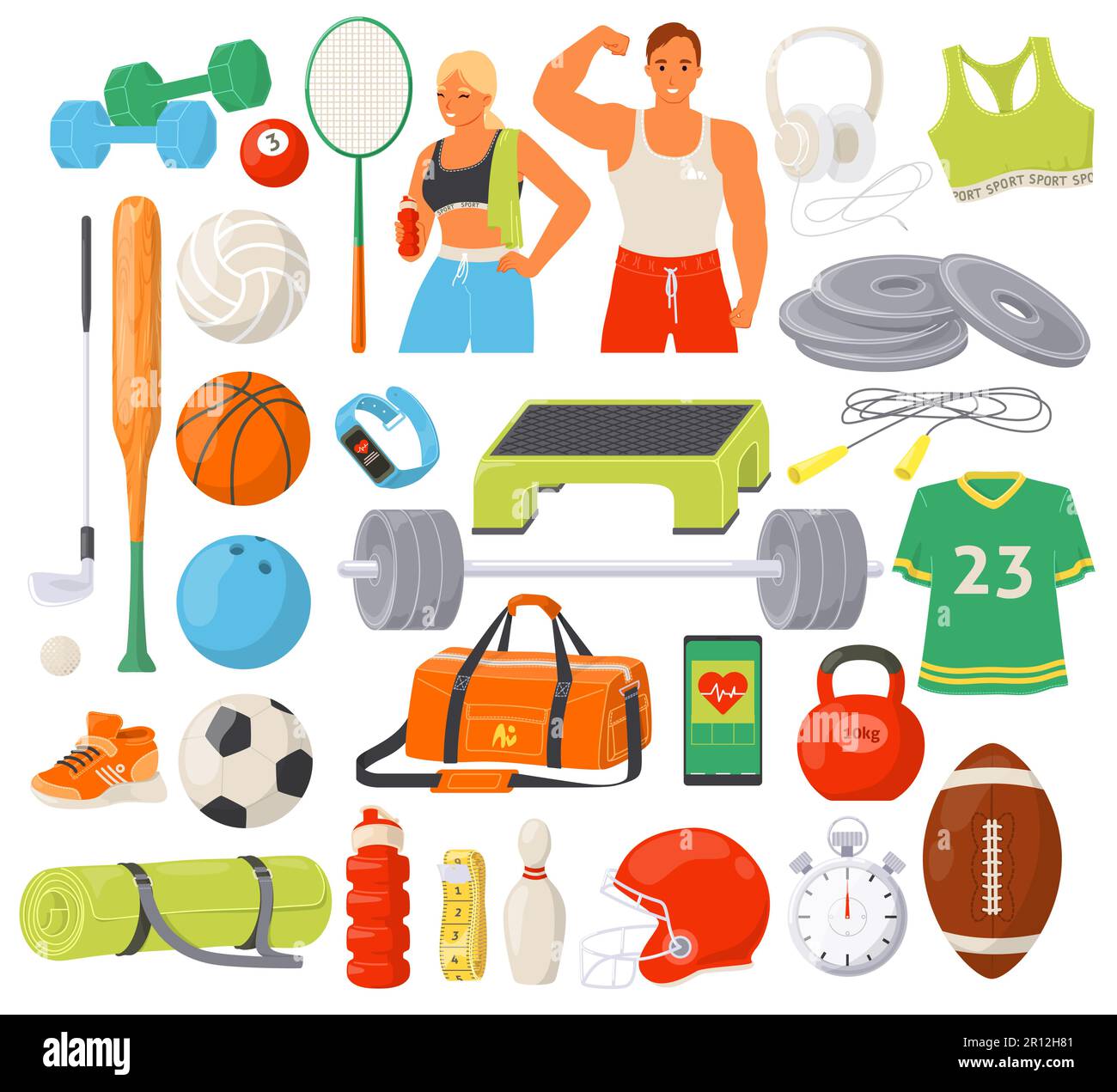 Équipement de sport grand ensemble d'articles de fitness et de jeu isolés Illustration de Vecteur