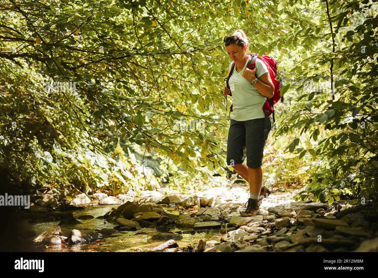 Voyage de randonnée avec le concept de sac à dos image. Backpacker femelle dans trekking bottes traversant la rivière de montagne. Femme randonnée dans les montagnes pendant l'été t Banque D'Images
