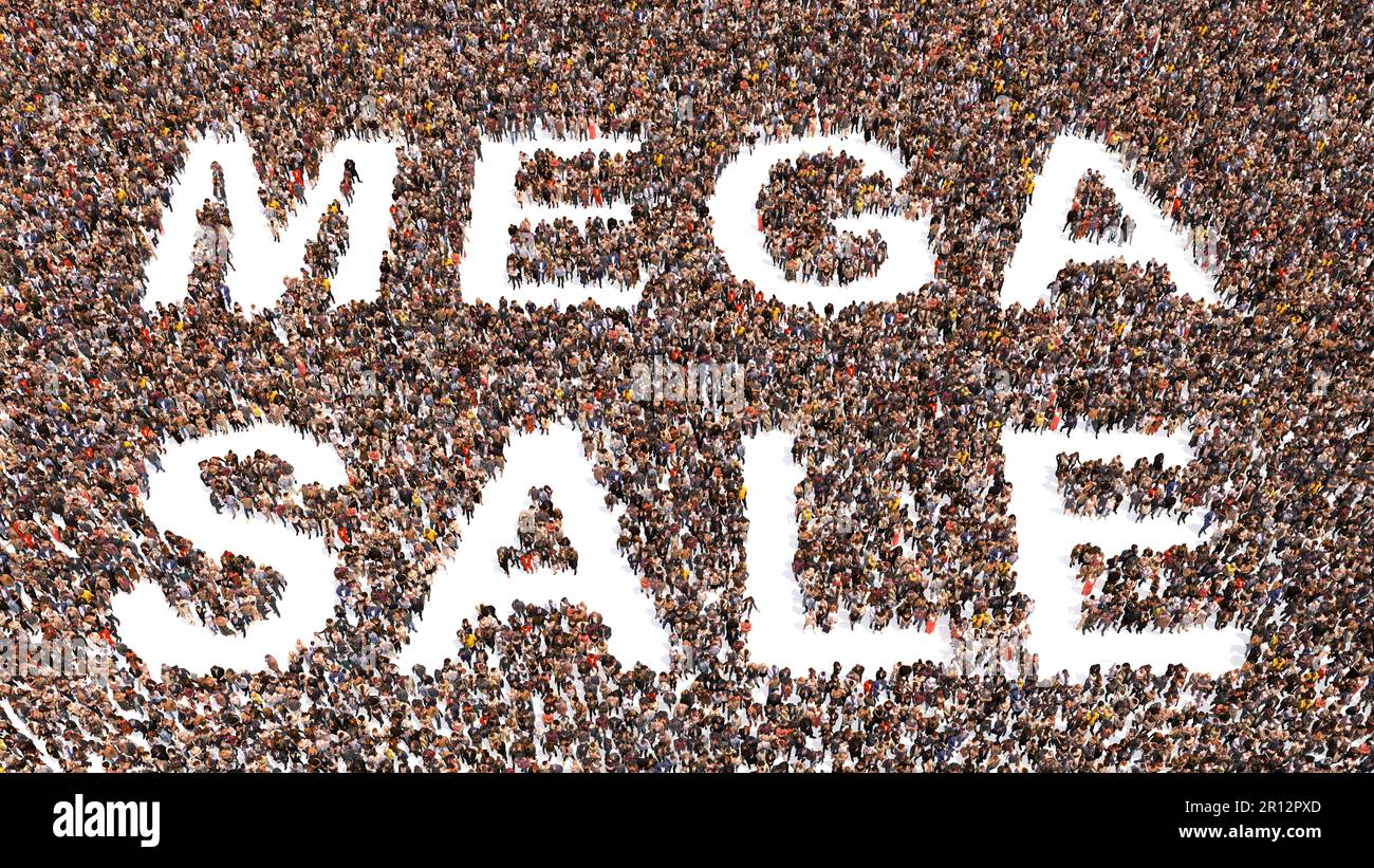 Concept ou conceptuel grande communauté de personnes formant le message de vente MEGA. 3d métaphore de l'illustration pour l'offre spéciale, la remise, le coupon, la transaction Banque D'Images