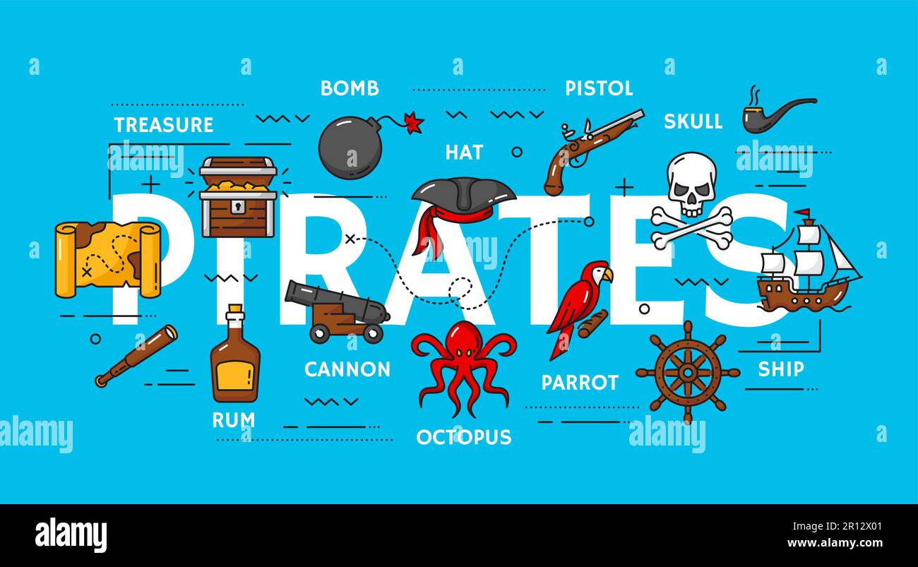 Piratage. Icônes Pirate et corsair. Buccaneer ou corsaires présentent les symboles vectoriels de la carte, du Trésor d'or, du rhum, du spyglass, de la bombe et du canon, octop Illustration de Vecteur