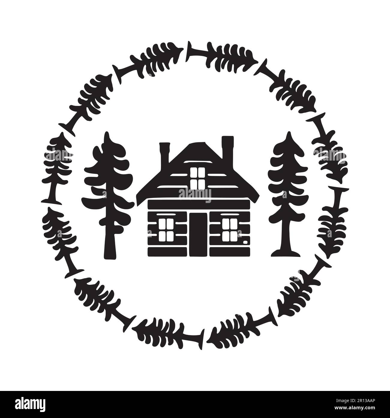 Chalet en bois dans l'illustration vectorielle de style scandi Linocut. Chalet alpin dans le village de vacances de campagne dessin animé. Illustration de Vecteur